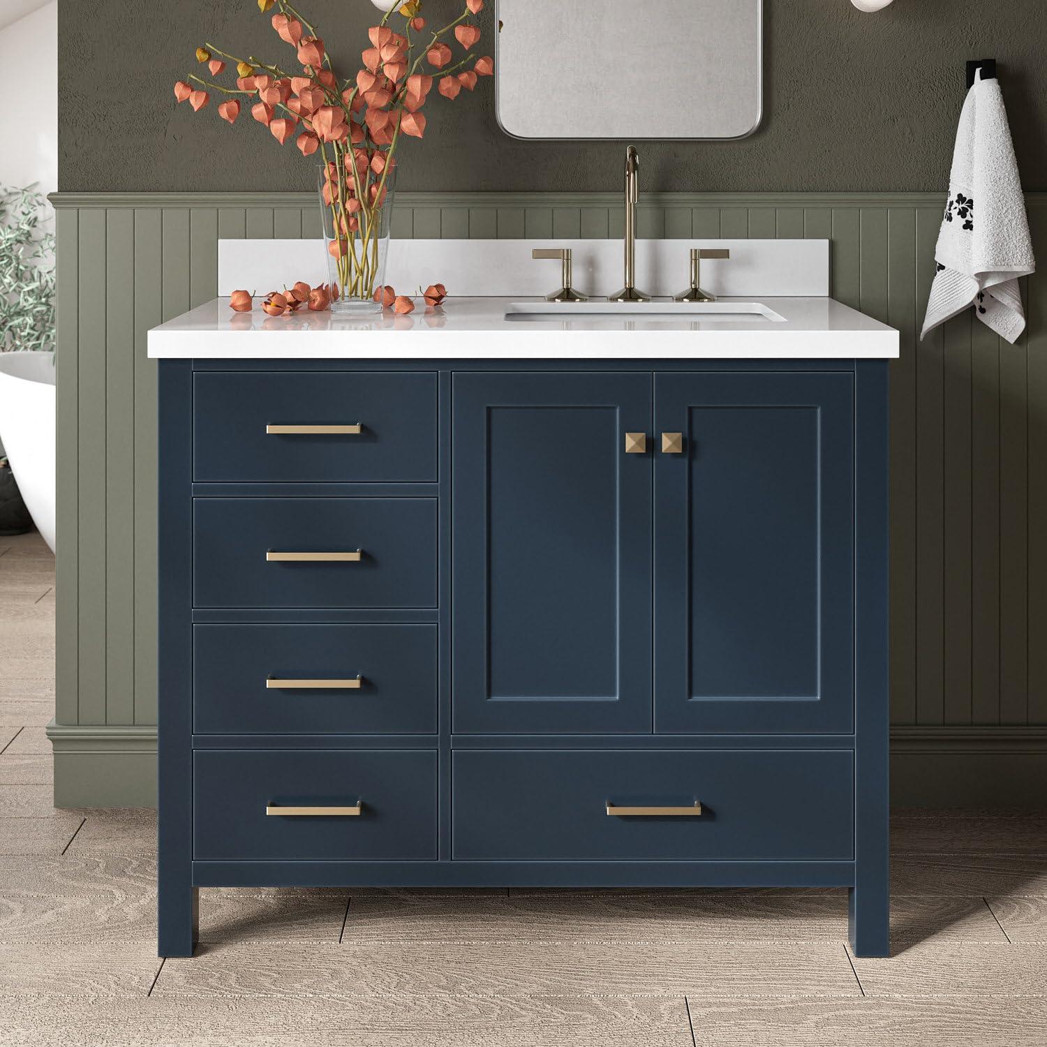 ARIEL Cambridge 43 Inch Midnight Blue Bathroom Vanity with Single Sink, Solid Wood, White Quartz Countertop, 1.5-Inch Edge, Right Rectangular Undermount Sink, 2 Soft Closing Doors, 5 Drawers