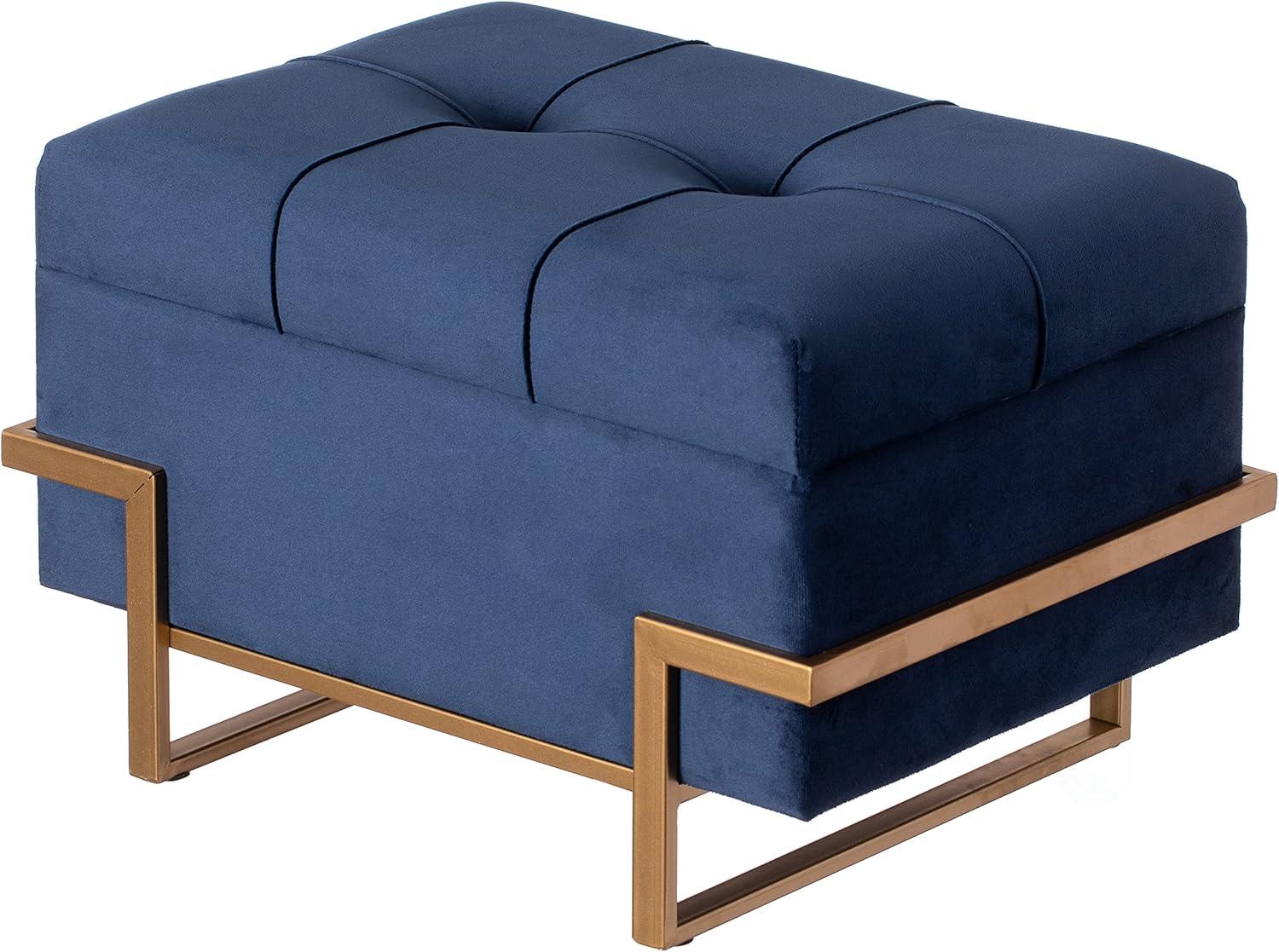 Blue Velvet Rectangular Ottoman with Golden Abstract Legs and Storage