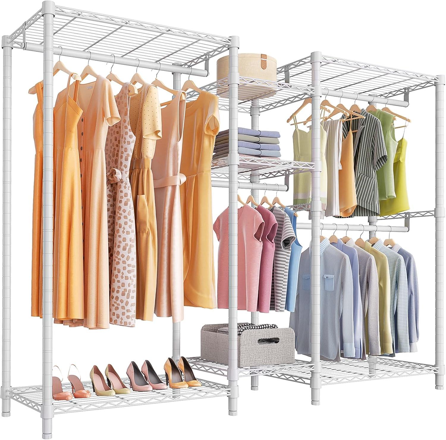 Ulif E7 Heavy Duty Garment Rack, Clothes Organizer and Storage Rack with Expandable Hangers, Metal Clothing Rack with 6 Wire Shelves, (52.3"-72") W x 14.5" D x 71.2" H, Load 838 LBS, White