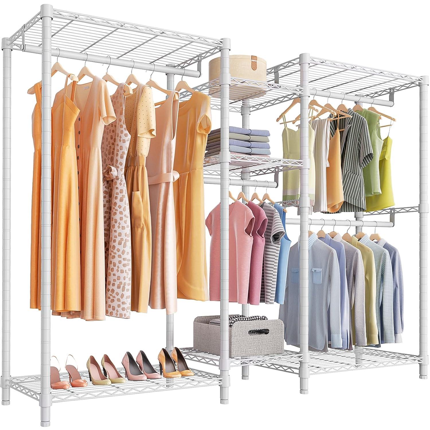 Ulif E7 Heavy Duty Garment Rack, Clothes Organizer and Storage Rack with Expandable Hangers, Metal Clothing Rack with 6 Wire Shelves, (52.3"-72") W x 14.5" D x 71.2" H, Load 838 LBS, White