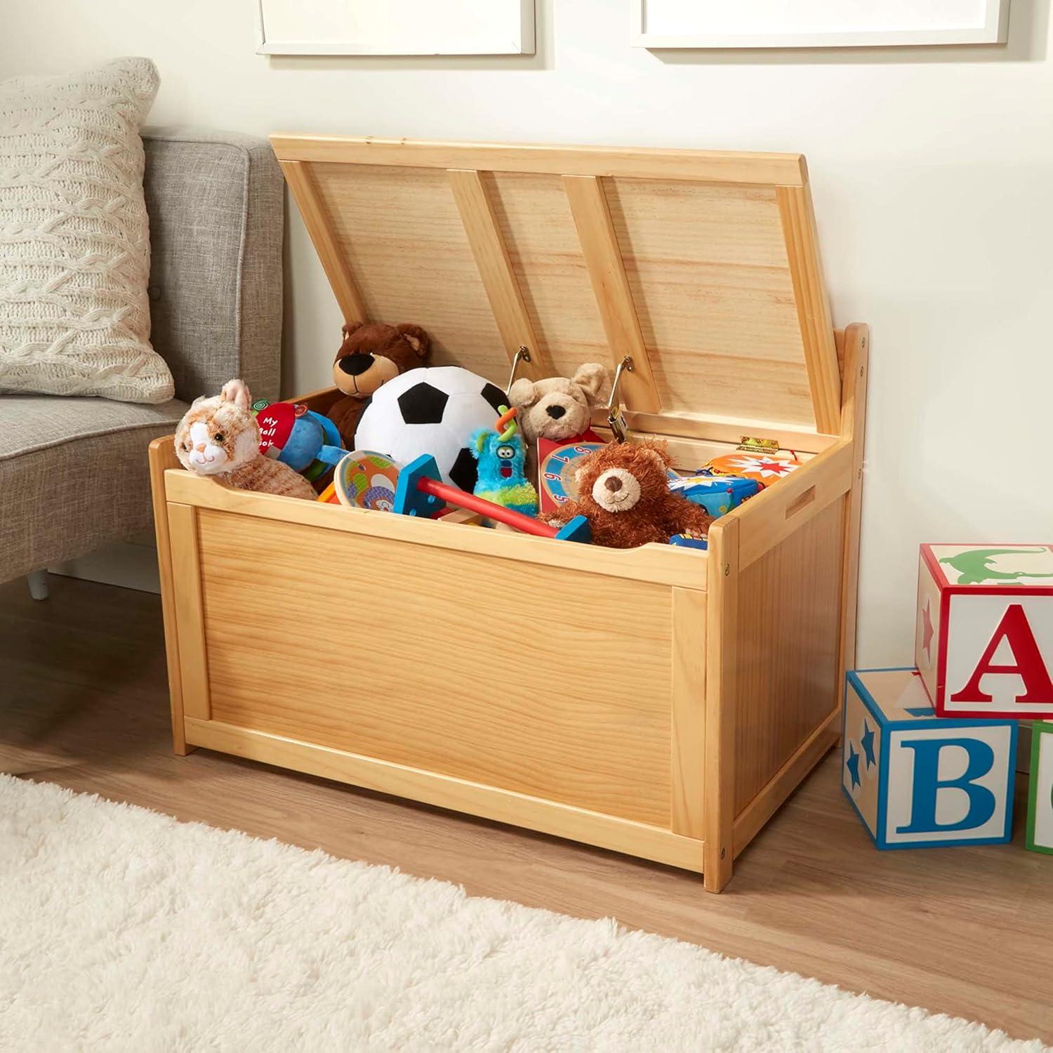 Light Wood Toy Chest with Safety-Hinged Lid