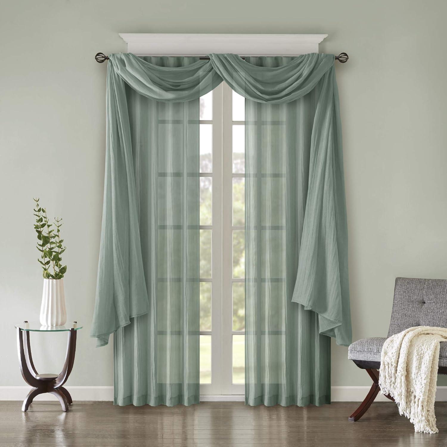 Aqua Sheer Polyester Ground Length Window Drapes, 2 Piece