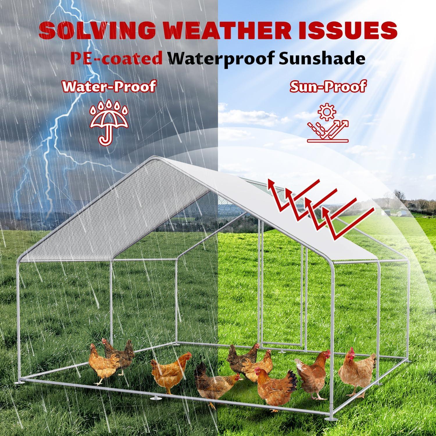 Outdoor Metal Chicken Coop Large Walk-in Poultry Cage Spire-Shaped Chicken Run with Waterproof and Anti-Ultraviolet Cover for Outside,Backyard and Farm ,13' L x 9.8' W x 6.4' H