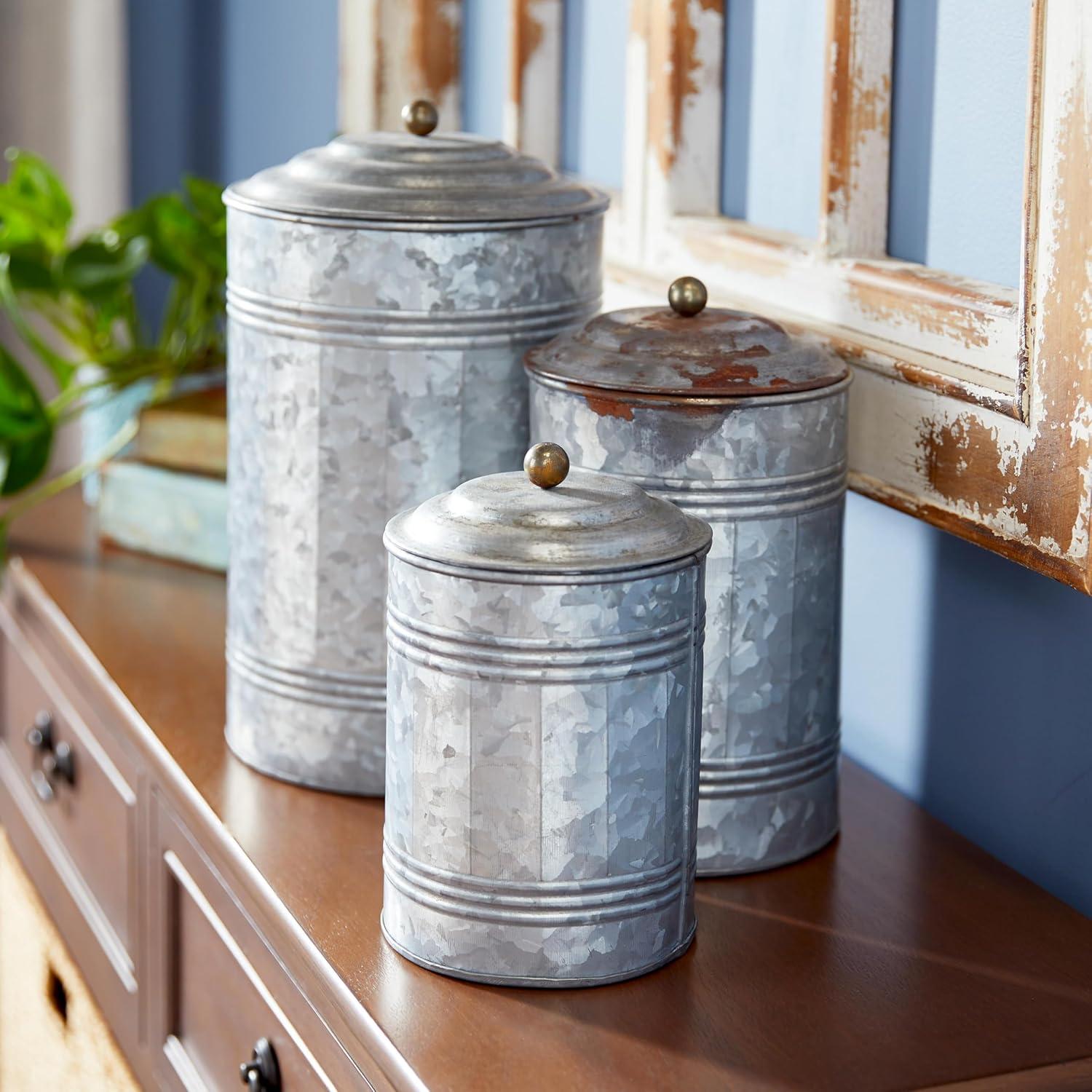 Olivia & May 3pc Decorative Galvanized Metal Canister Set Silver: Round Storage Containers with Lids