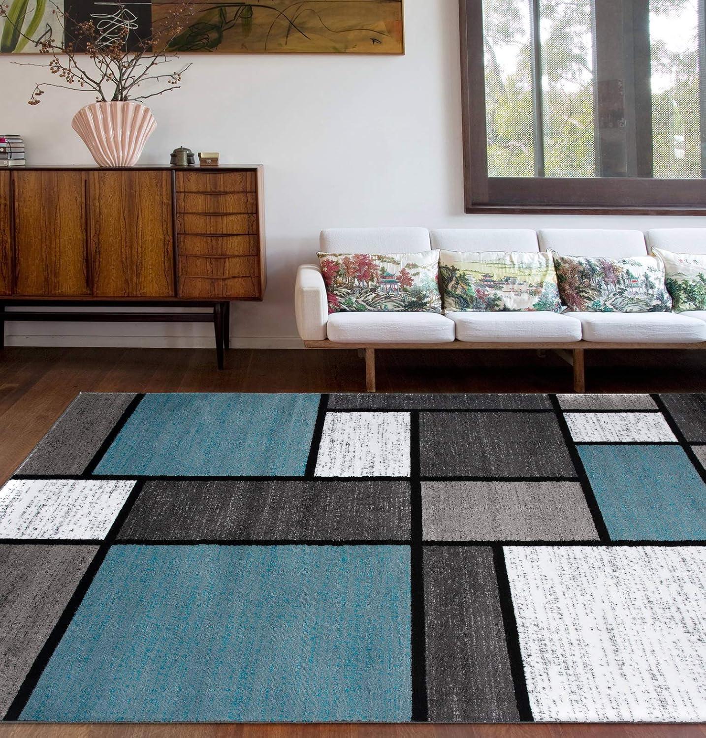 Modern Geometric Blue and Gray Easy-Care Synthetic Area Rug, 5' x 7'