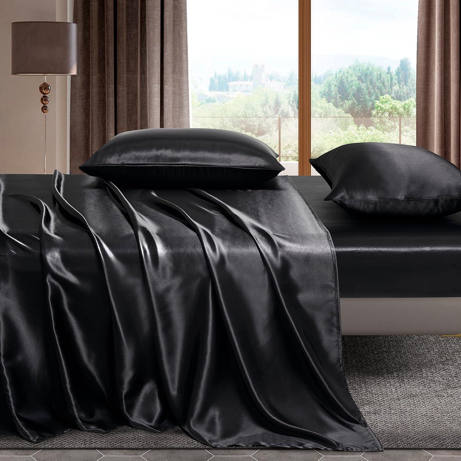 Black Satin Full Size 4-Piece Deep Pocket Sheet Set