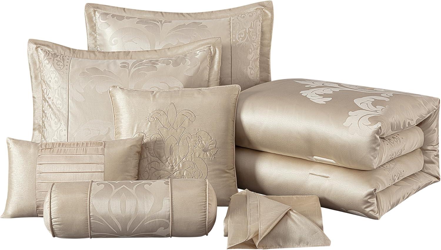 Champagne Jacquard Floral Queen Comforter Set with Decorative Pillows