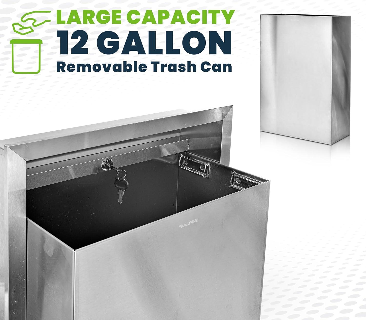 Alpine Recessed Waste Receptacle - Large 12 Gallon Brushed Finish Stainless Steel Mounted in Wall Trash Can for Commercial Bathrooms in High Traffic Areas Like Restaurant, Airport, Hotel, School