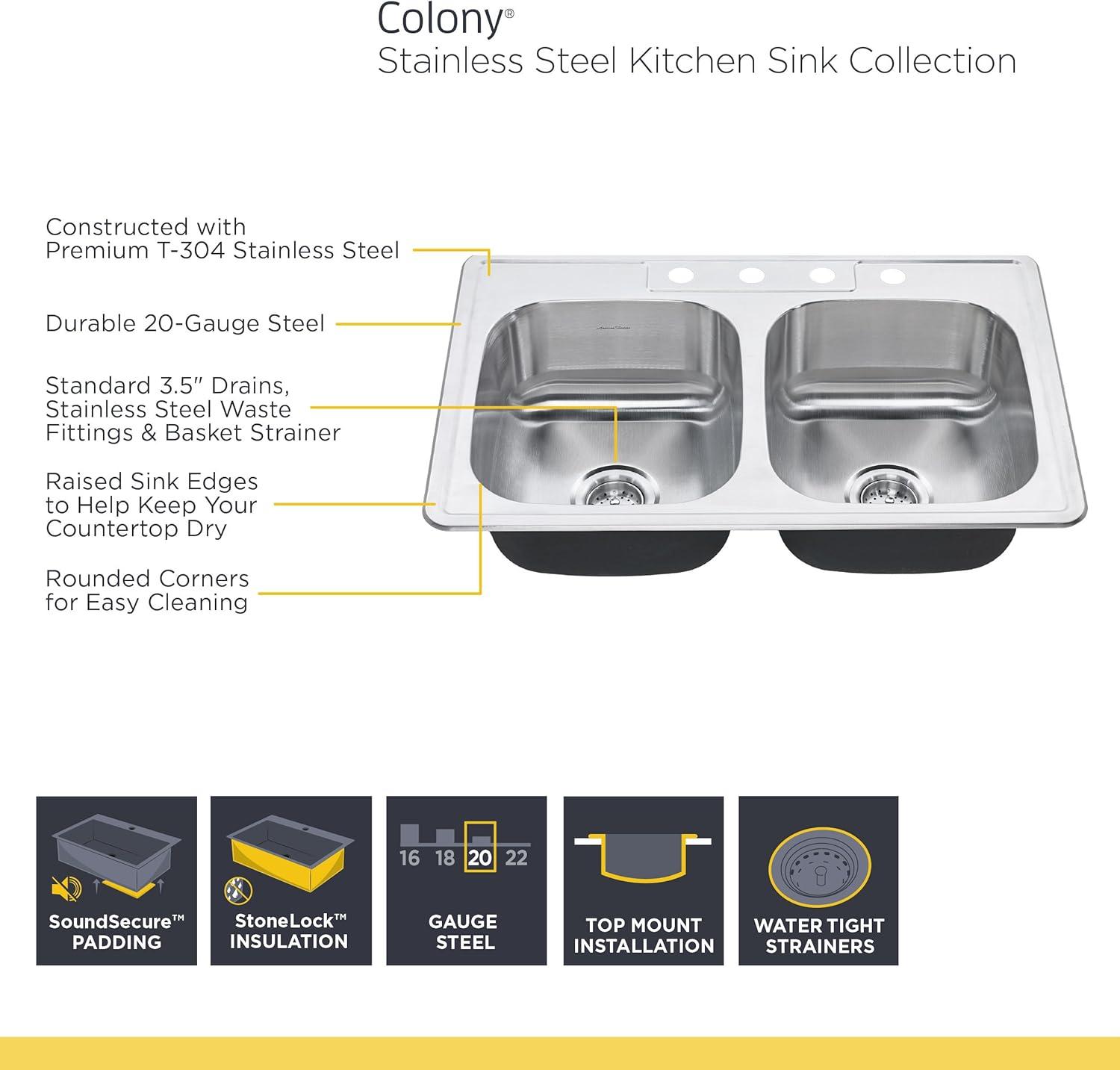 Colony 33'' L Drop-In Double Bowl Stainless Steel Kitchen Sink