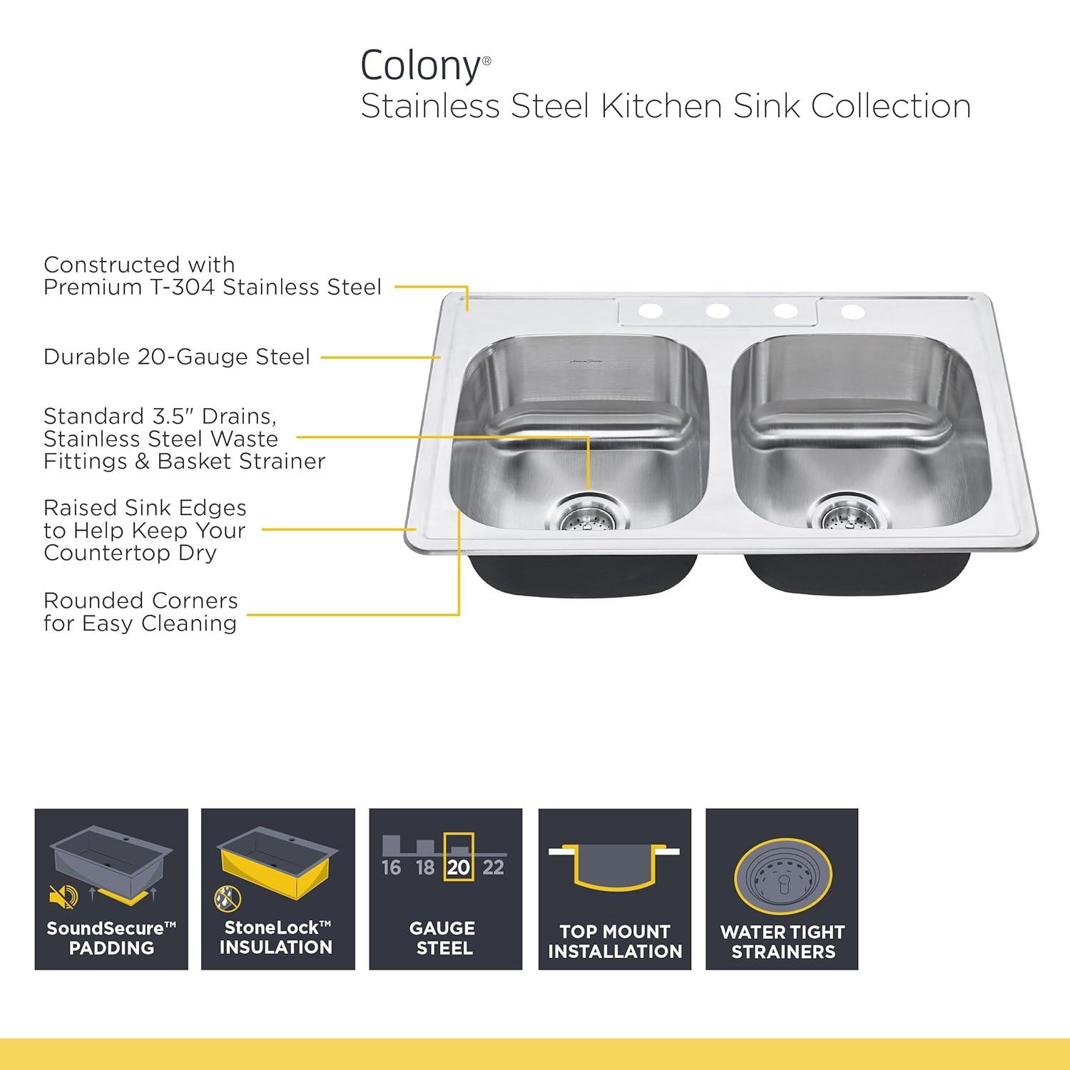 American Standard 22DB.6332284S.075 Colony 33'' L Drop-In Double Bowl Stainless Steel Kitchen Sink