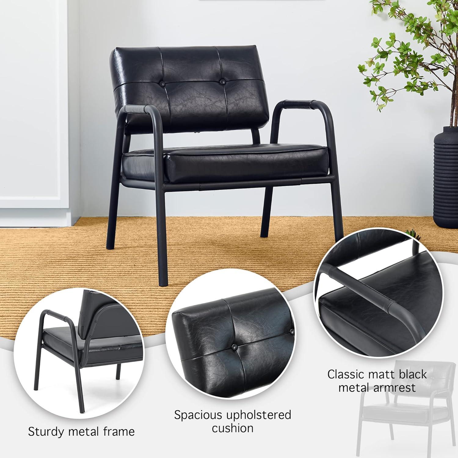 Mid-Century Modern Leatherette Arm Accent Chair Frosted Black Metal Frame Black - Glitzhome