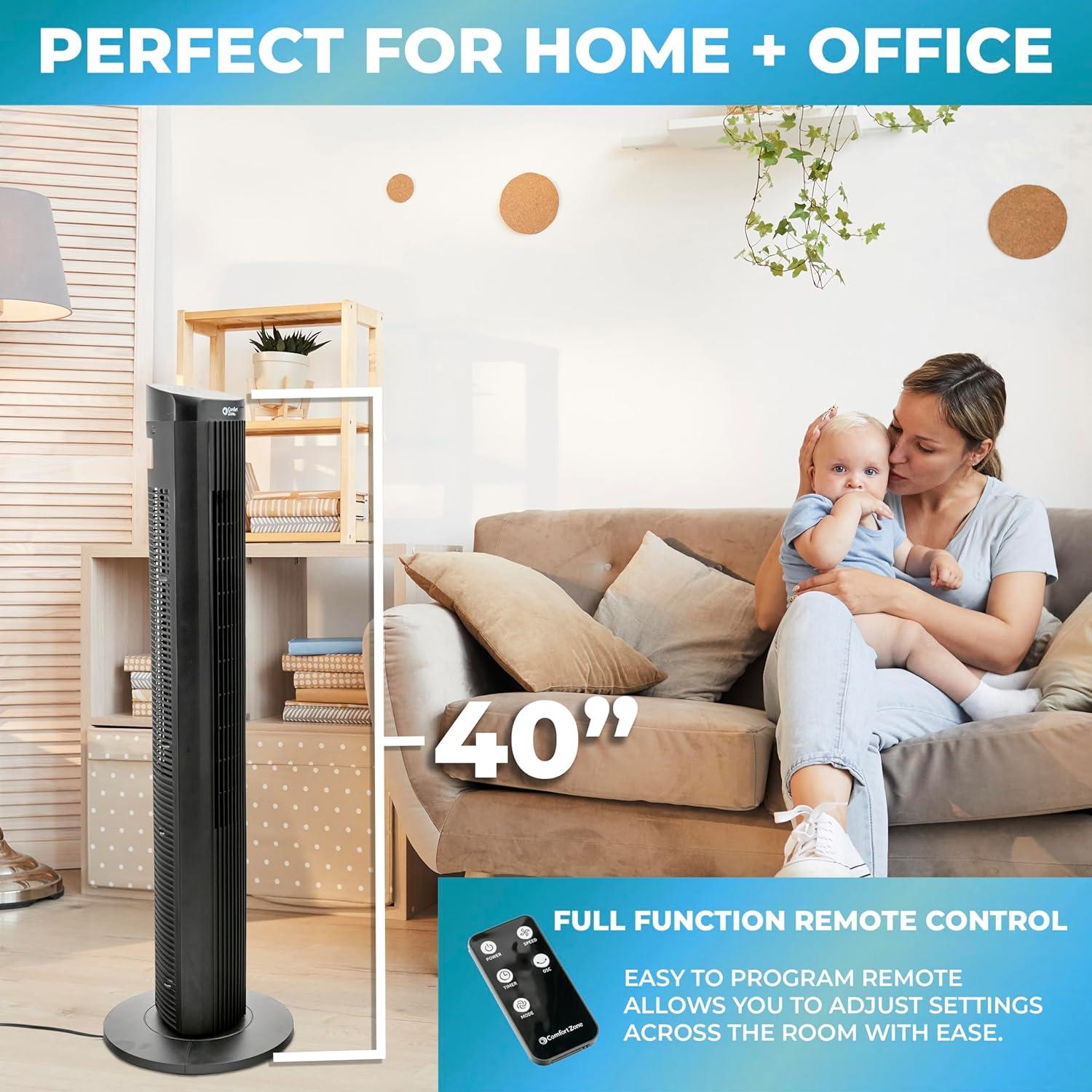 Comfort Zone 40" Oscillating Portable Tower Fan with Remote, 3 Speed, Timer Function, Built-in Carry Handle, Quiet Operation, Ideal for Home, Bedroom, or Office, CZ12394