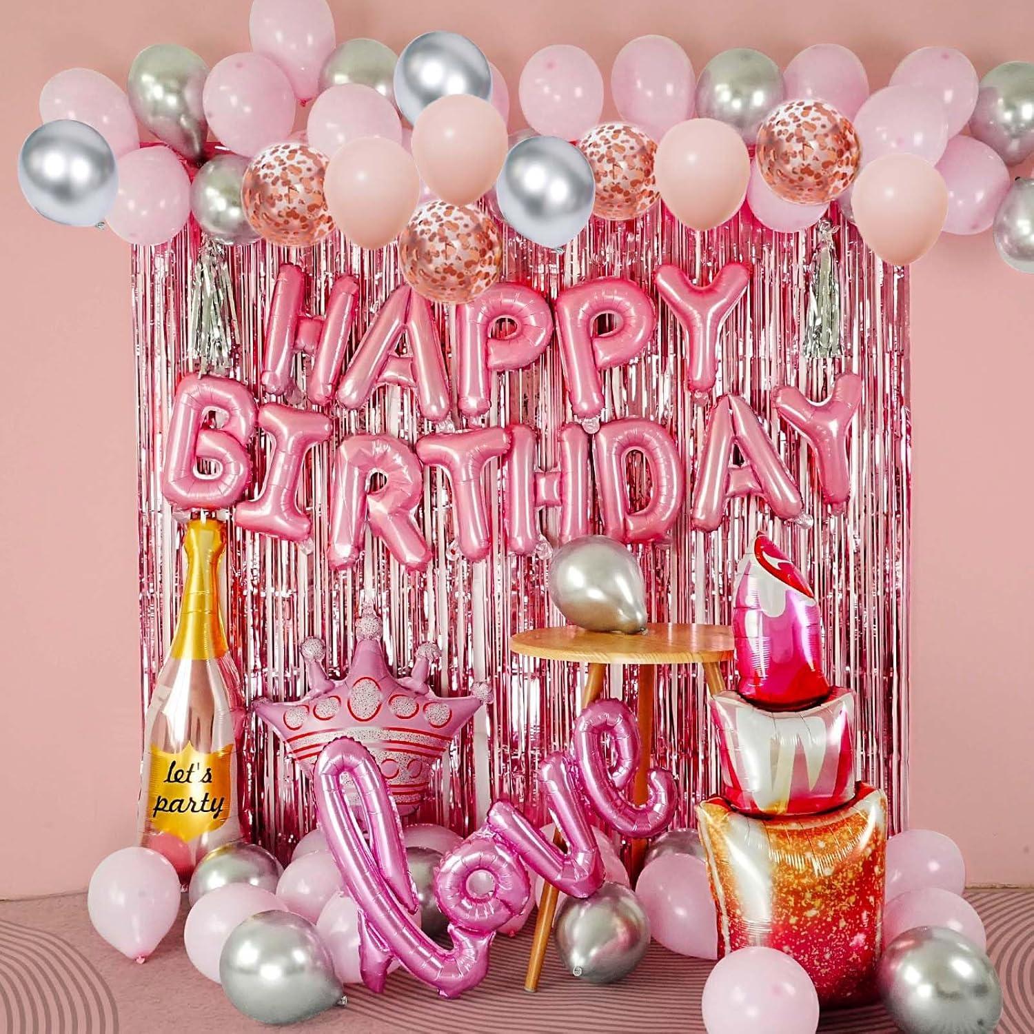 Pink and Silver Birthday Party Decoration Set with Balloons and Banner