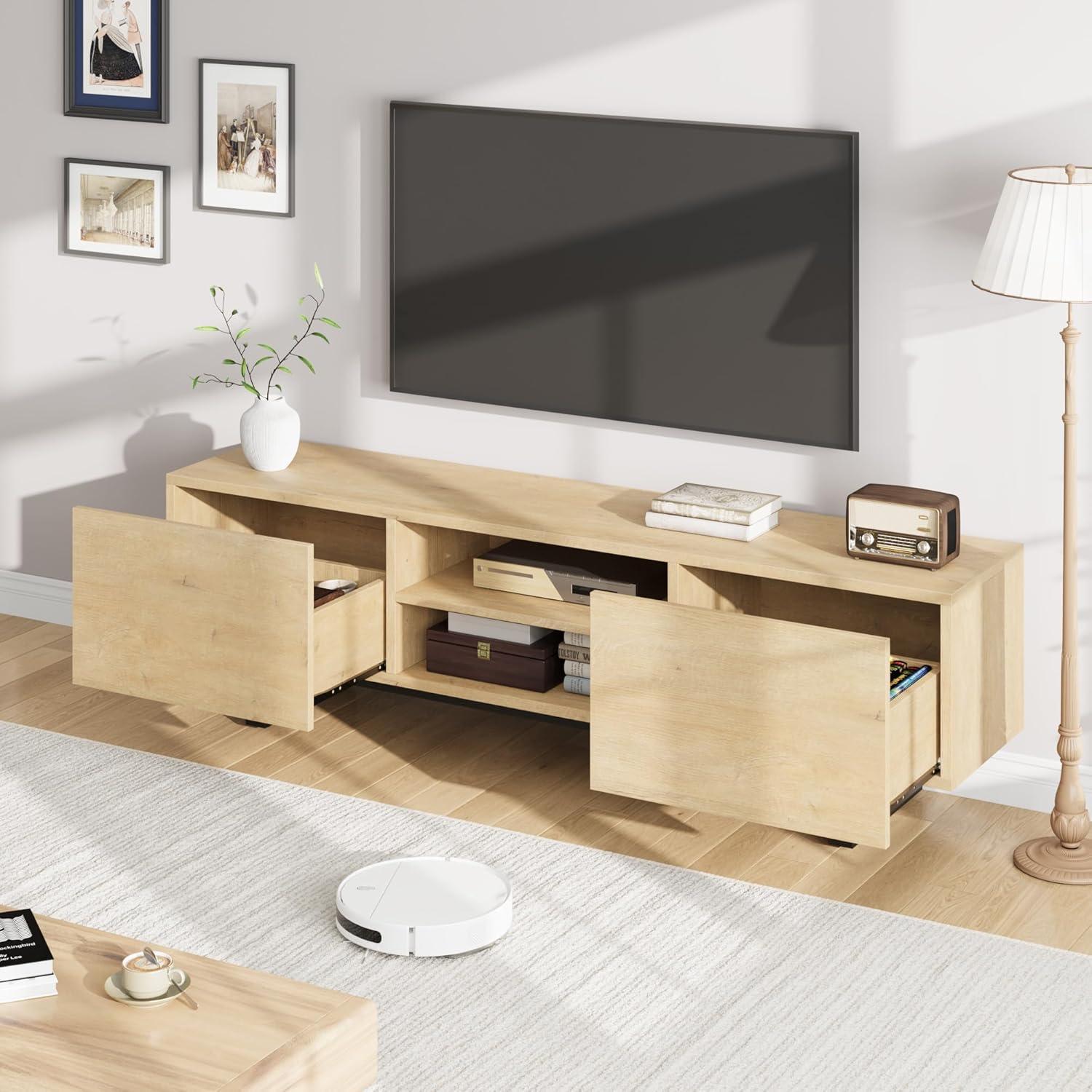 Industrial TV Stand for 80 Inch, Modern Entertainment Center with 2 Drawers, Wooden Cabinet with Heavy Duty Leg and Open Storage for Bedroom, Walnut