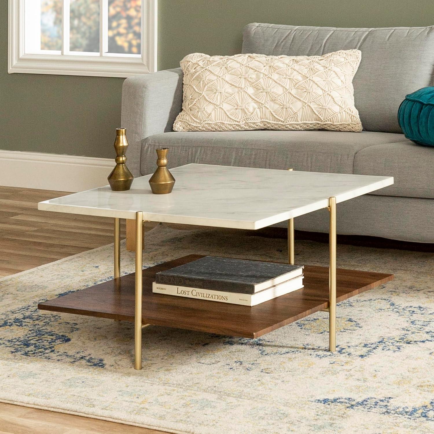 32 inch Square Coffee Table in Faux Marble and Gold
