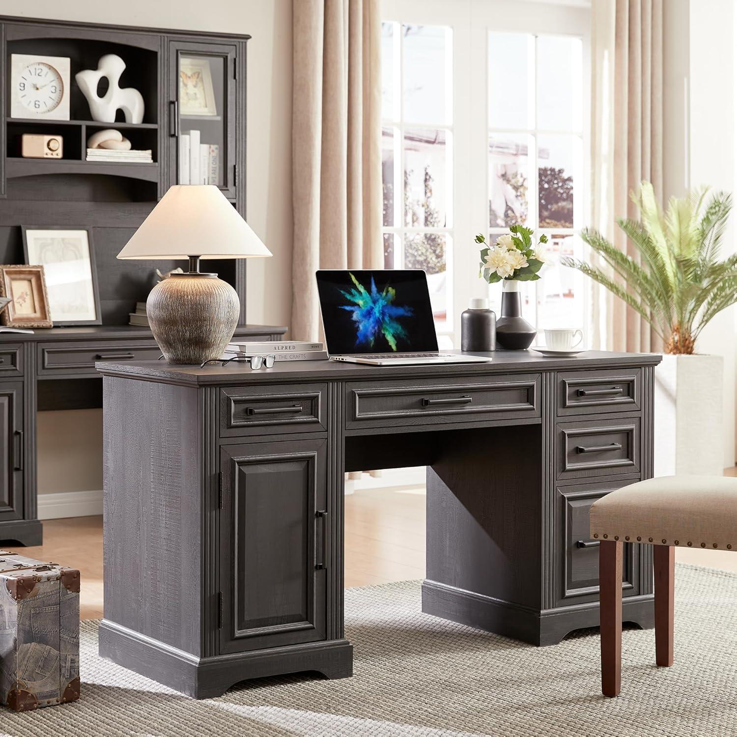 Black Wood Executive Desk with Drawers and Filing Cabinet