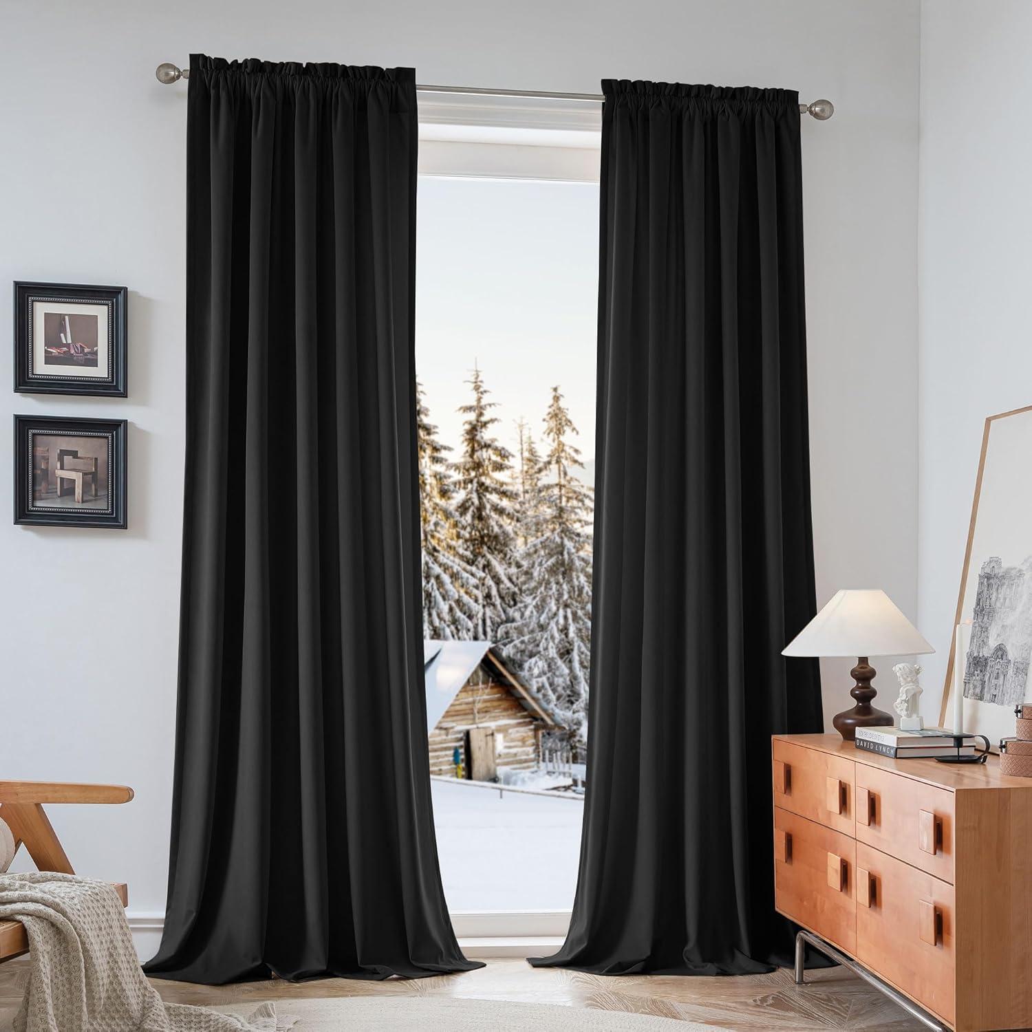 JIUZHEN Black Velvet Curtains for Living Room -96 inches Long Rod Pocket Thermal Insulated Room Darkening Window Drapes for Bedroom, Set of 2 Panels with Tiebacks, 52 x 96 inches