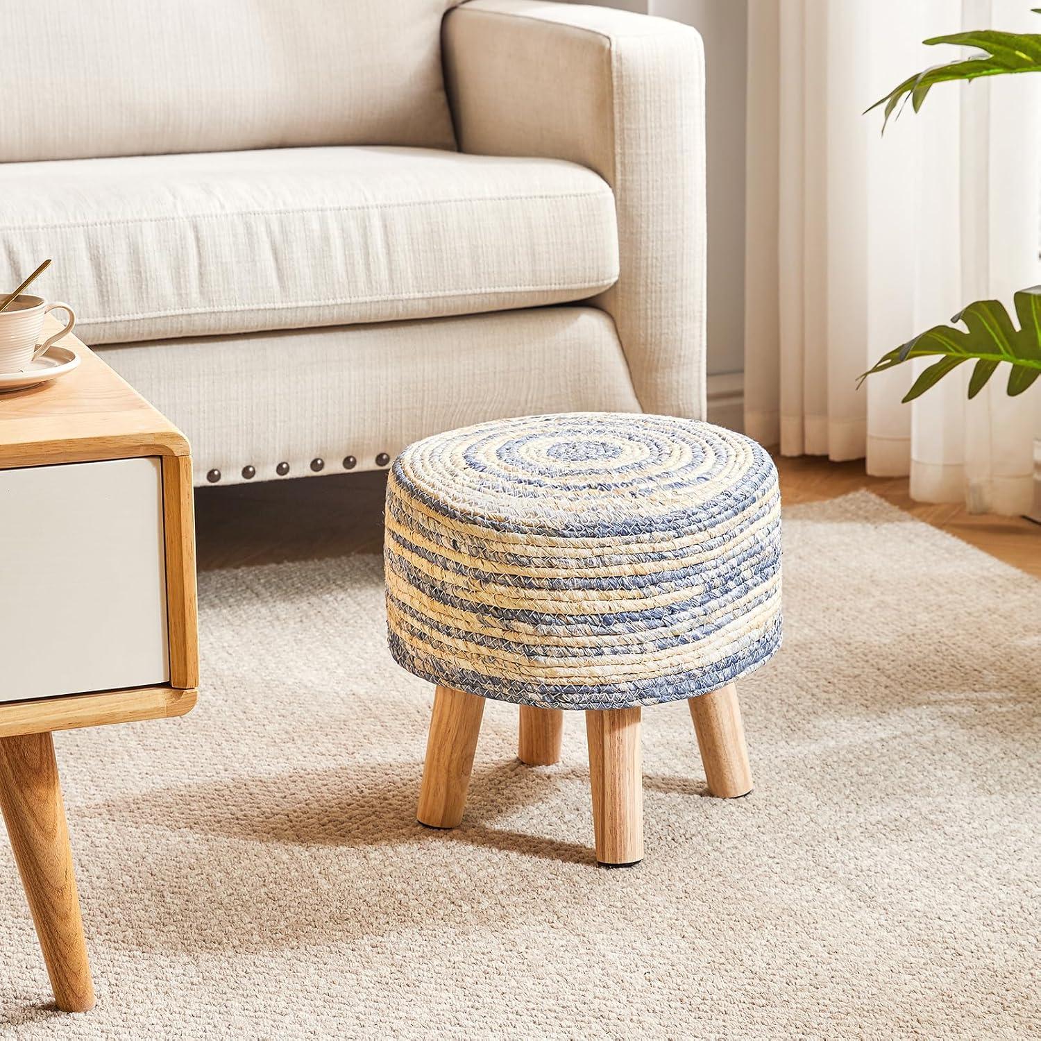 YMYNY Foot Stool Natural Seagrass Hand Weave, 12.6" Small Ottoman, Round Footrest for Living Room, Bedroom, Entryway, Change Shoes Stool, Non-Skid Wood Legs, Boho, Blue+White UHBD027QW