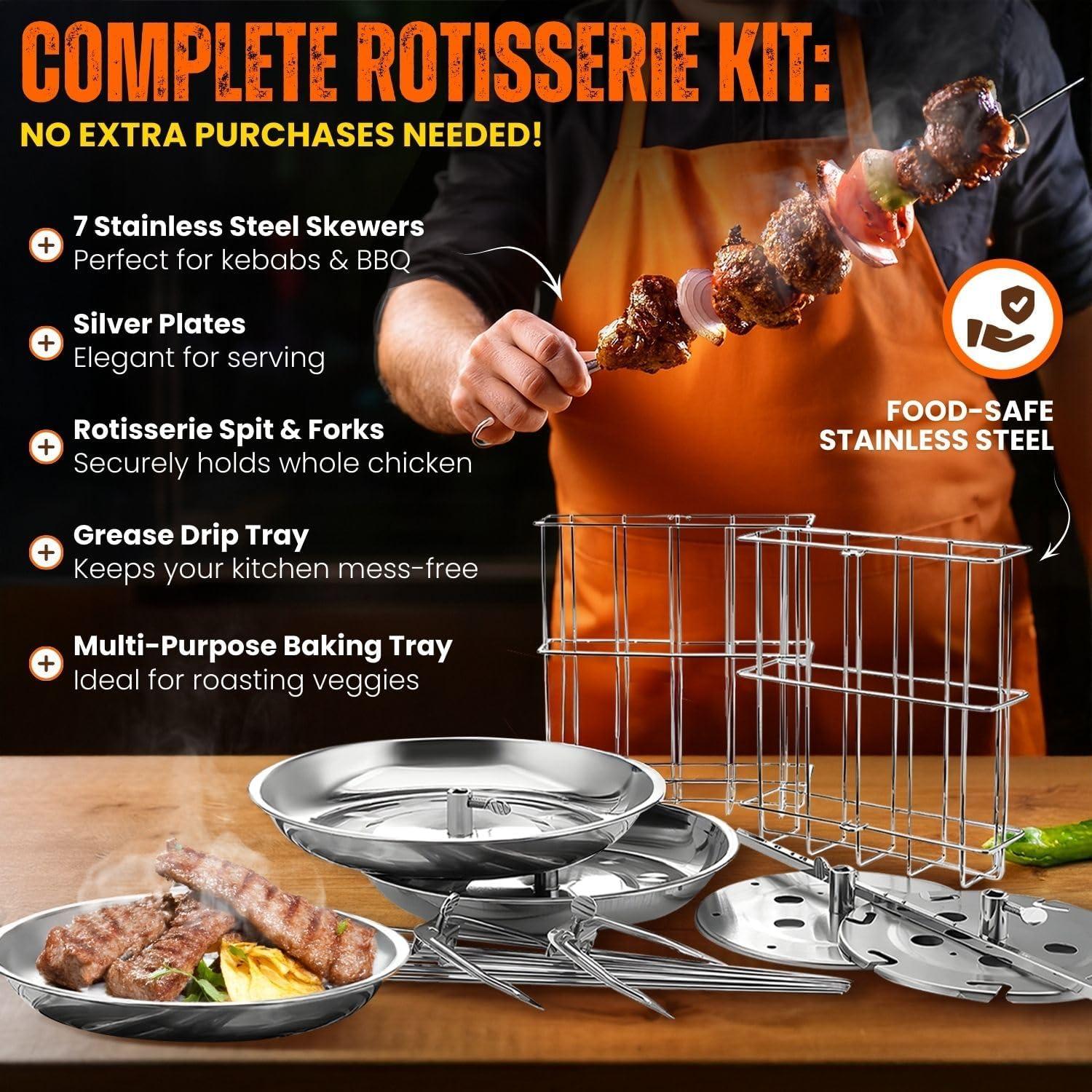 Vertical Tower Rotating Rotisserie Oven Grill - Shawarma Kebab Electric Cooker Machine Countertop w/ Stainless Doner Kebab Skewers & Rack Accessories Stain Resistant 5 in 1 for Professional & Home Use