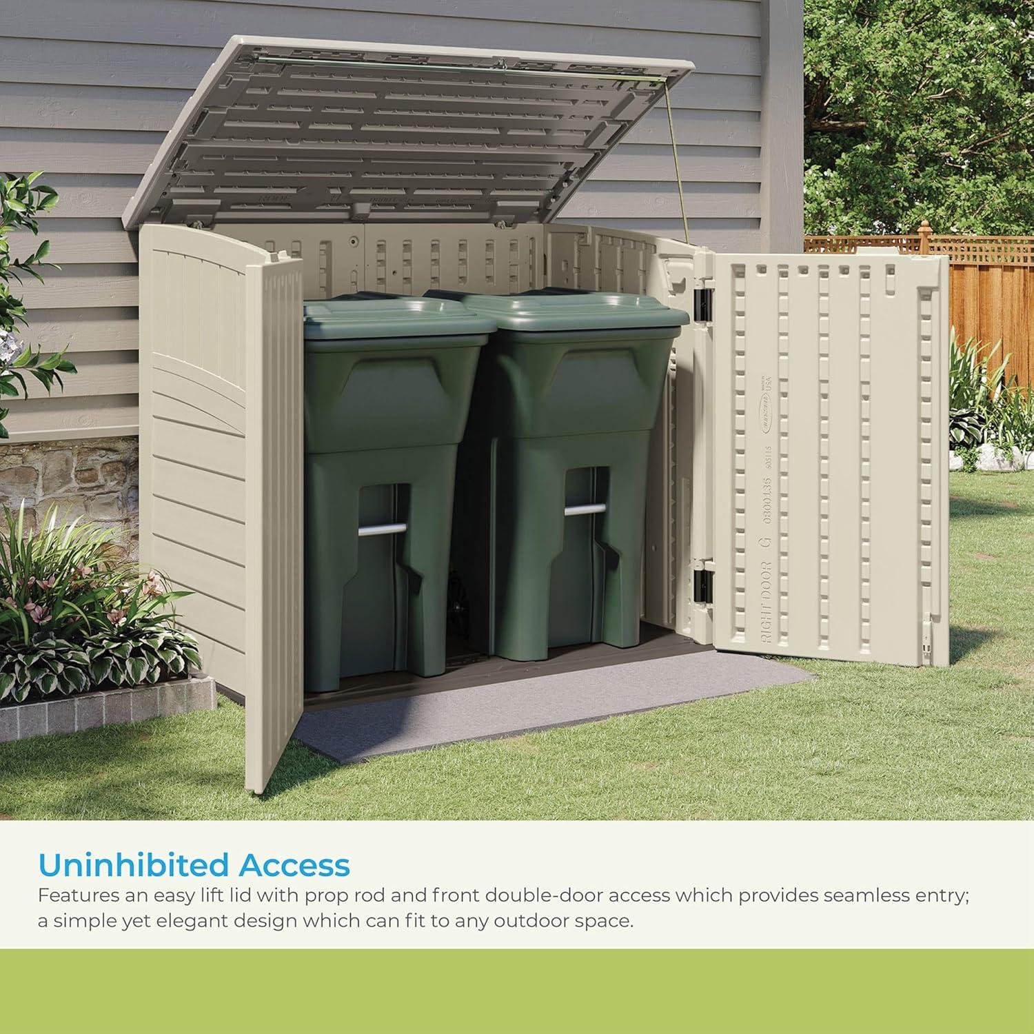 Suncast 34 Cubic Feet Capacity Horizontal Outdoor Storage Shed  for Garbage Cans, Garden Accessories, Backyard, and Patio Use, Vanilla