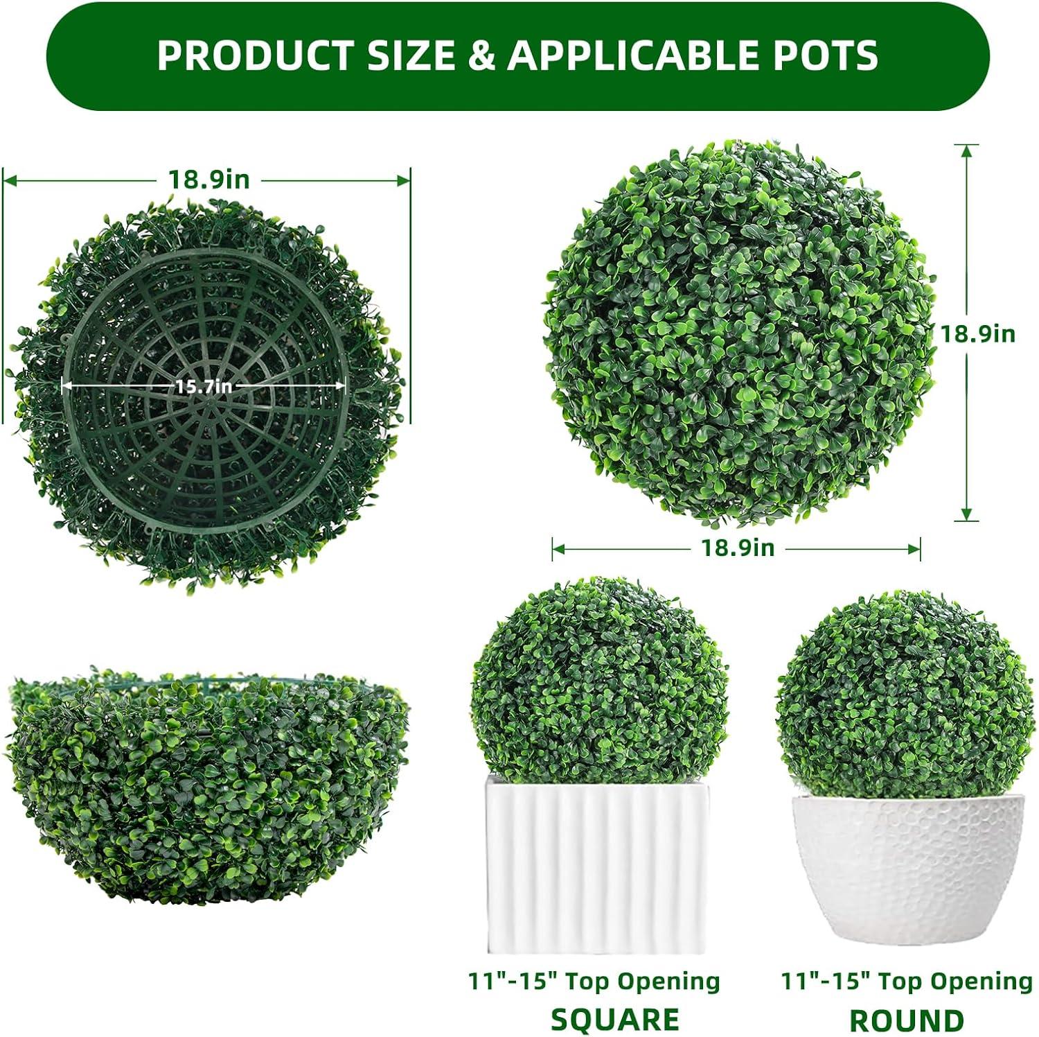 HELLONE 2 Pcs 19 Inch Faux Boxwood Balls, Artificial Plant Topiary Balls Outdoor, Fake Green Plants Decorative Spheres for Front Porch Garden Backyard Blacony Wedding Home Decor