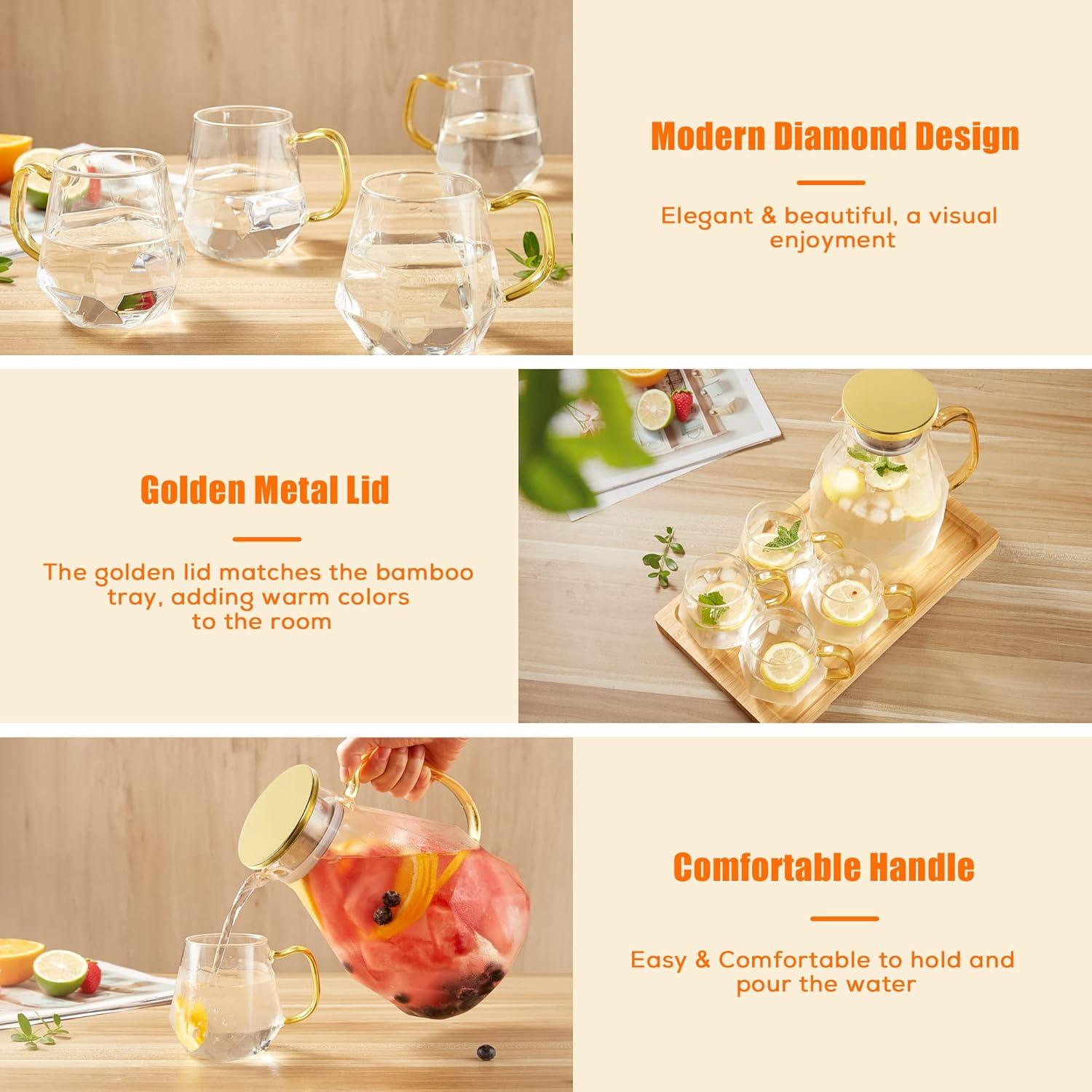 DUJUST Glass Pitcher Set (68 oz) with 4 Cups & 1 Tray, Elegant Diamond Design Water Pitcher with Handle, Durable Glass Jug for Fridge, Glass Carafe for Iced Tea/Juice/Beverage/Coffee/Drinks