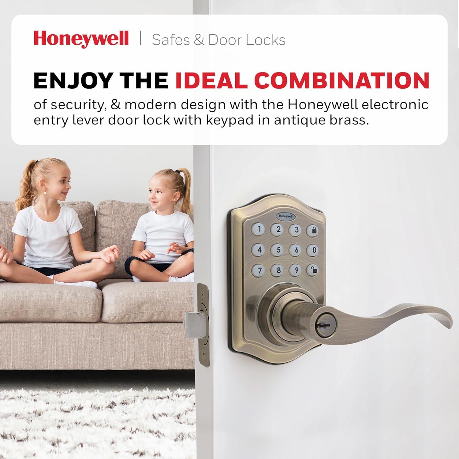 Honeywell Locks, Electronic Entry Lever Door Lock, Antique Brass, 8734101