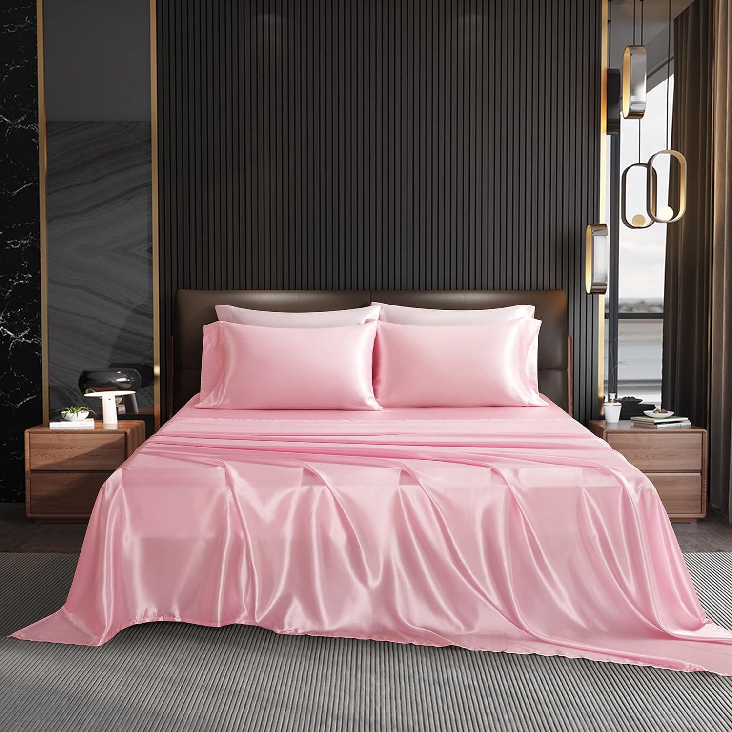 Queen Pink Satin Deep Pocket 4-Piece Sheet Set