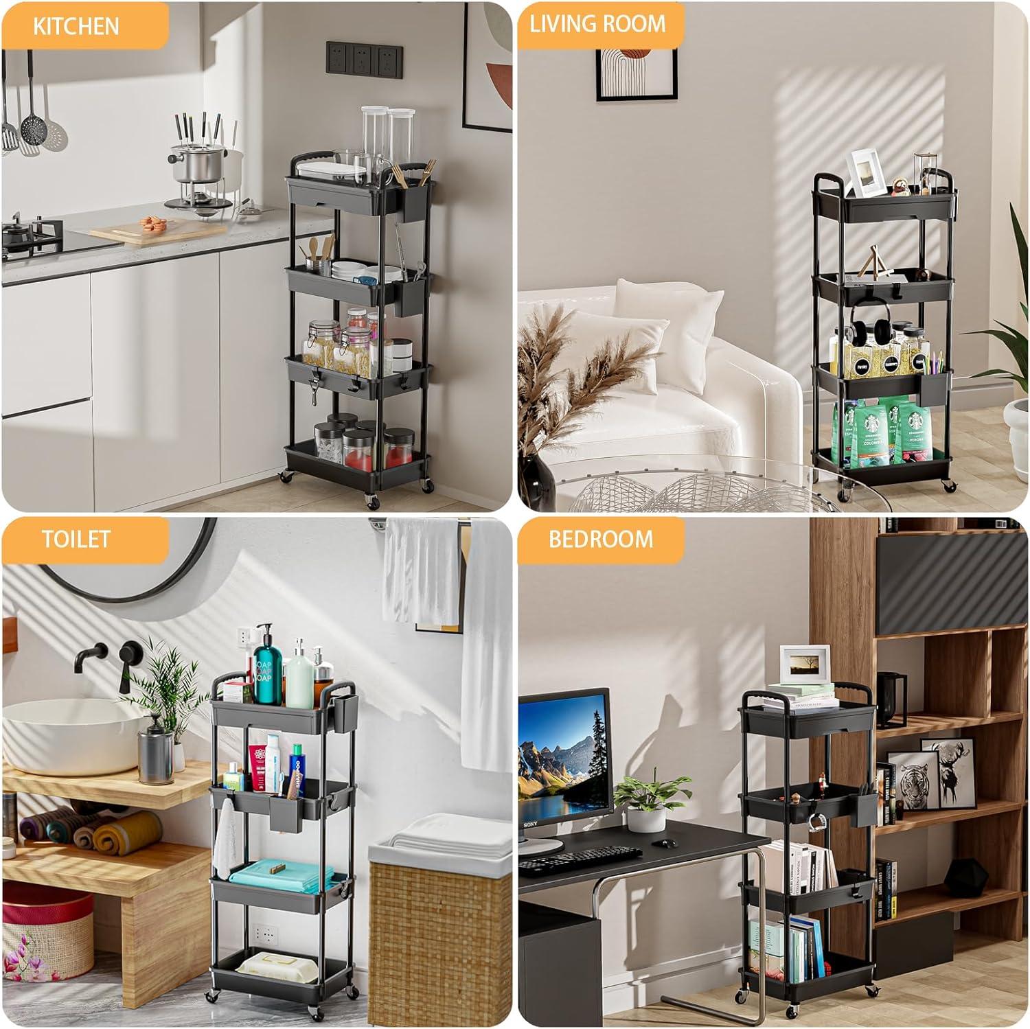 4 Tier Rolling Utility Cart with Handle,REBECAT Utility Cart Made of Multifunctional Storage Organizer Tool for Kitchen,Bathroom,Living Room,Office(Black)