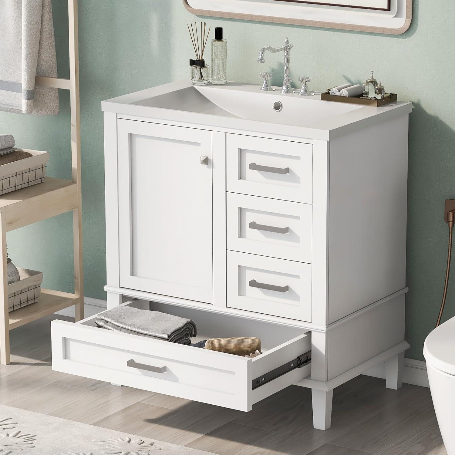 Merax 30 in Bathroom Vanity with Sink,3 Drawers and 4 Doors,Wood Single Sink Bathroom Vanity,Modern White Bathroom Vanities Sink Cabinet Floor Standing with Sink Combo Set