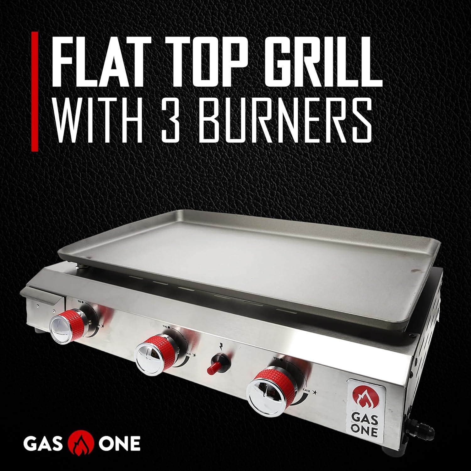 Gas One Flat Top Grill with 3 Burners – Auto Ignition Propane Portable Gas Grill – Premium Stainless Steel Body Tabletop Grill with Pre Season Griddle – Convenient Drip Tray – Ideal for RV, Camping