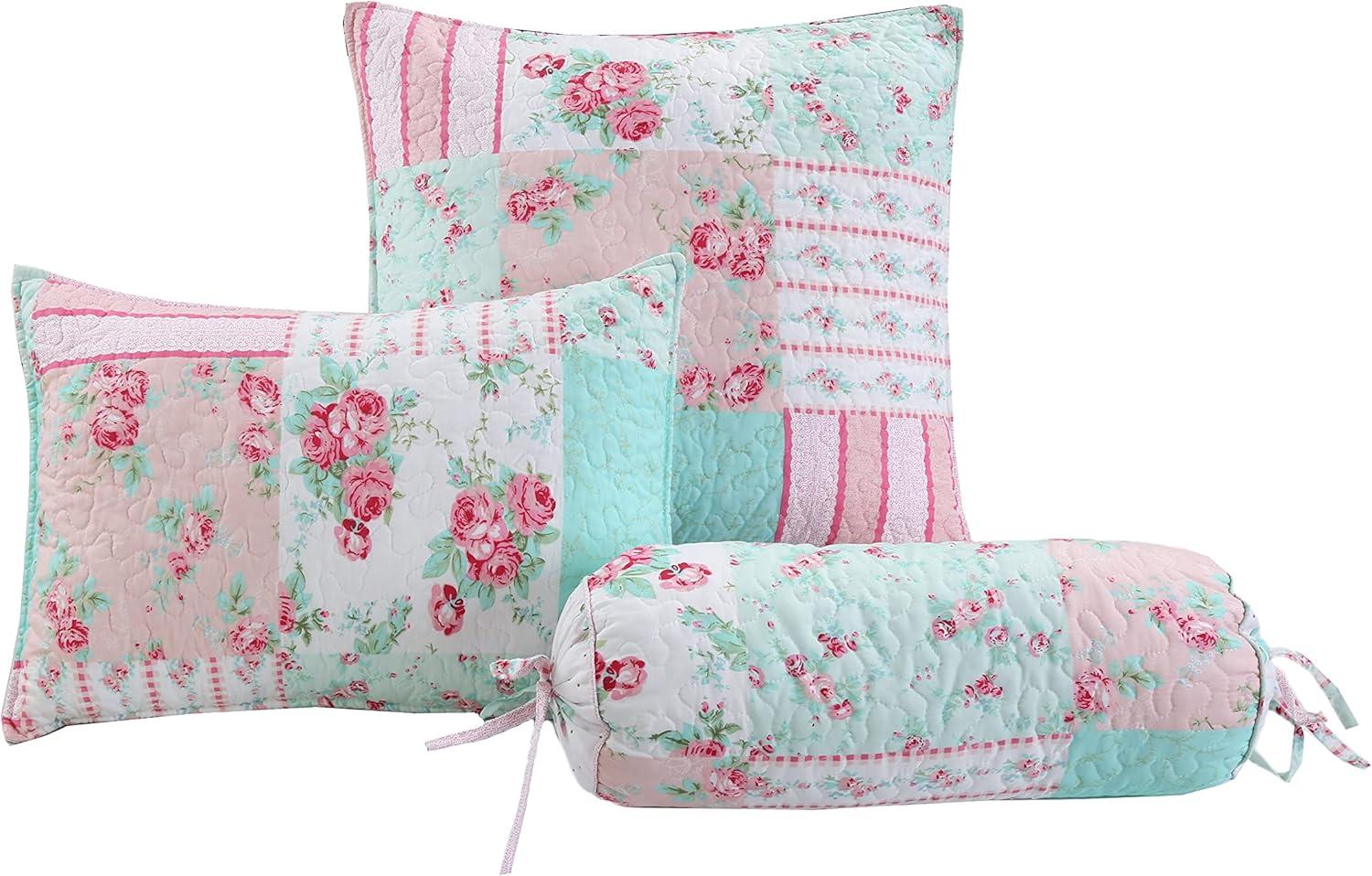 Floral Pink and Blue Polyester 3-Piece Throw Pillow Set