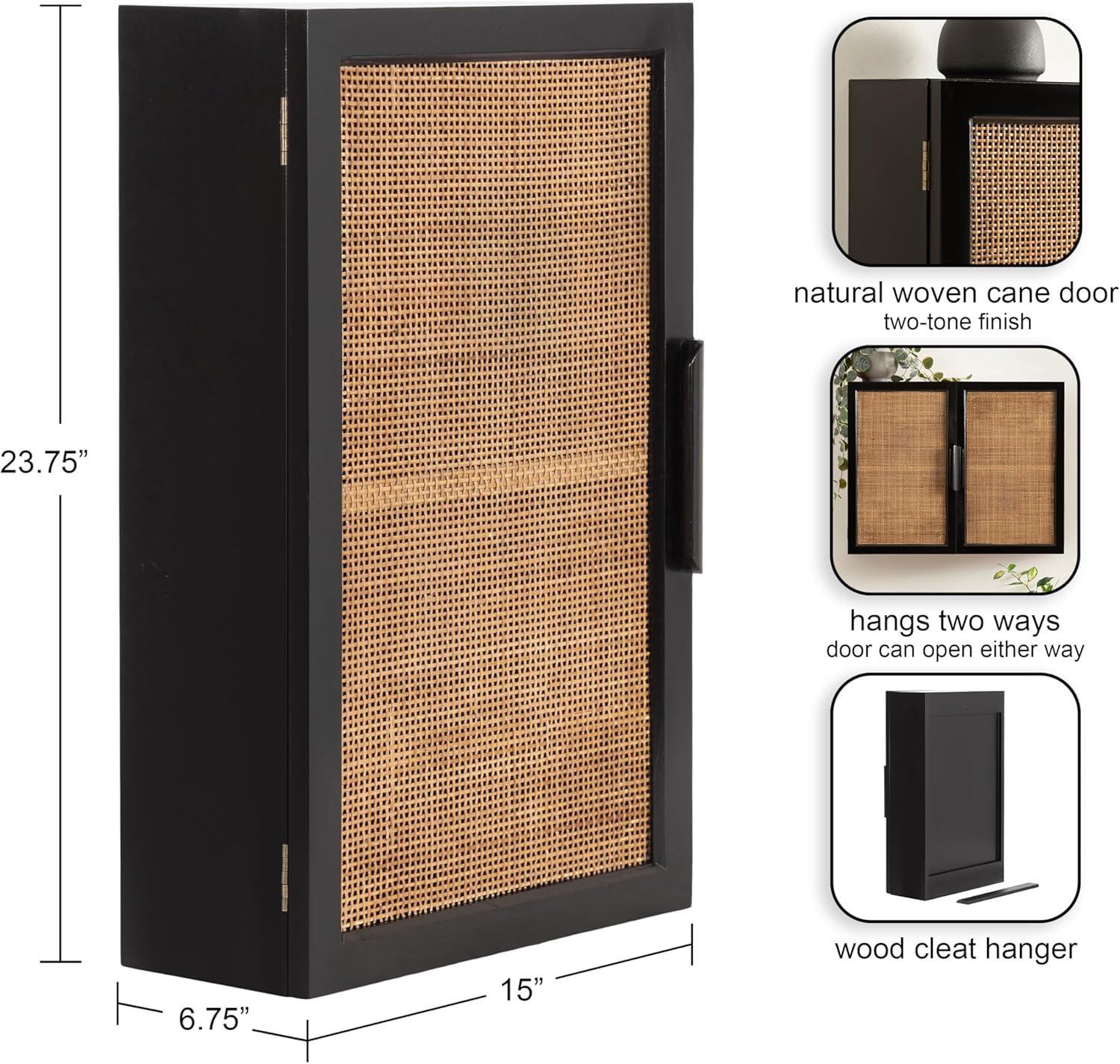 Kate and Laurel Ori Transitional Cane Wall Cabinet with Door, 15 x 7 x 24, Painted White Wood and Natural Rattan, Decorative Rattan Over the Toilet Cabinet with Three Shelves for Decor and Display