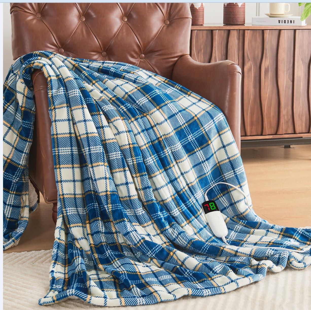 Twin Size Blue Checkered Electric Sherpa Blanket