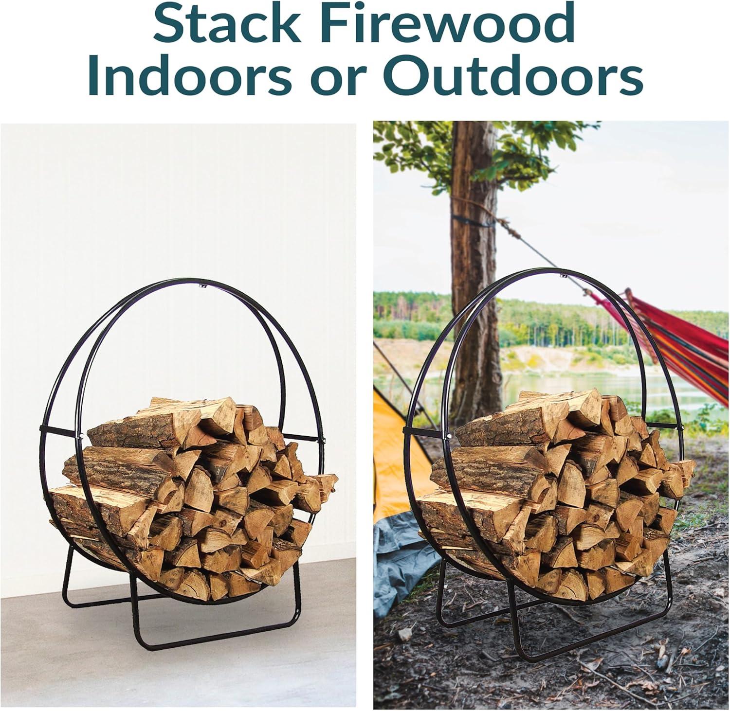 Sunnydaze Outdoor Heavy-Duty Steel Firewood Log Hoop Storage Rack with Weather-Resistant PVC Log Hoop Cover - 48" - Black