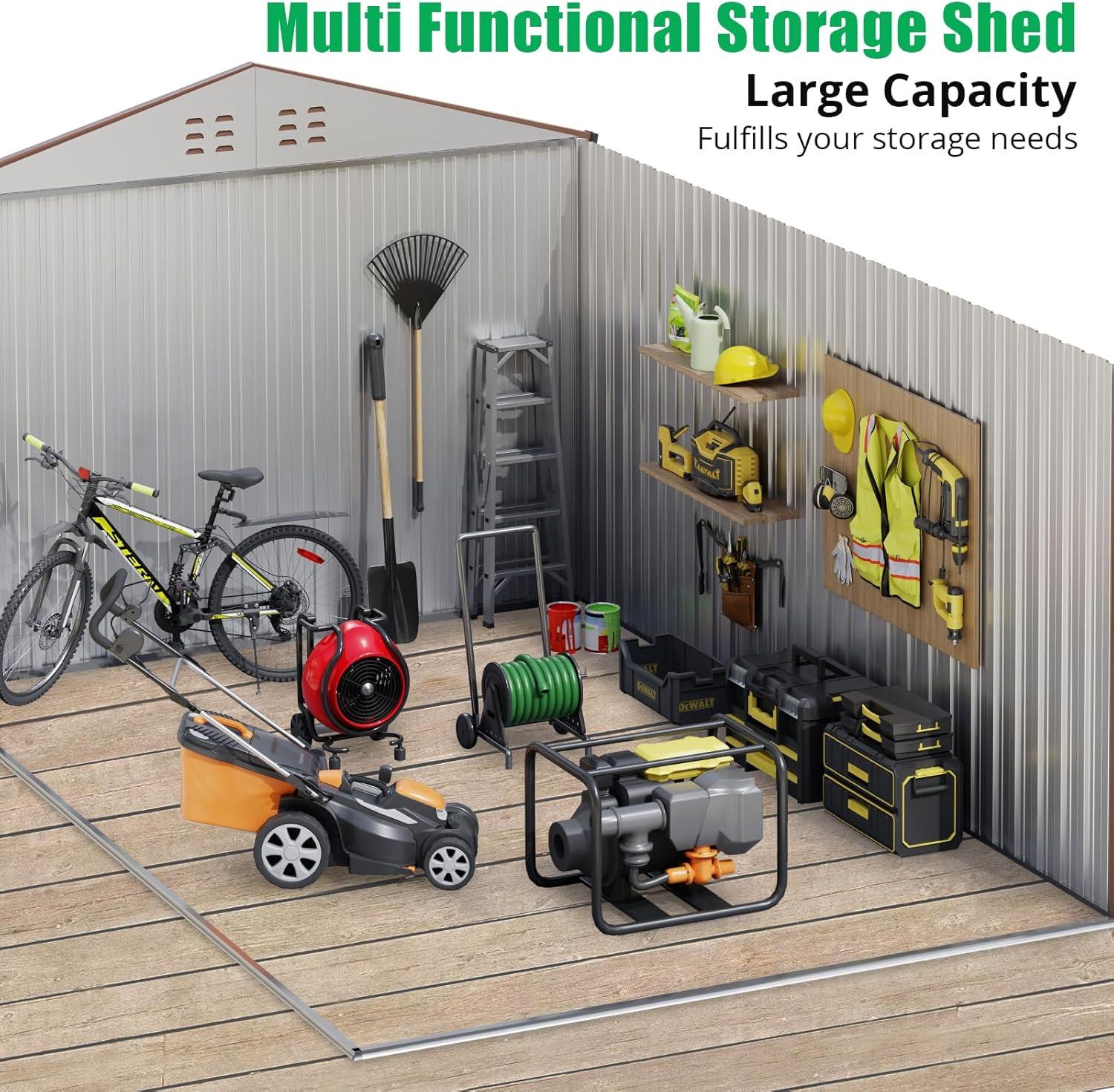12x10 FT Outdoor Metal Storage Shed Garden Tool House With Lockable Doors and Vent Brown