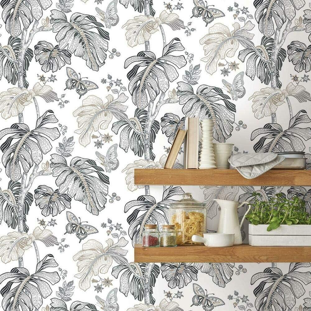 Grey and Beige Boho Palm Peel and Stick Wallpaper Roll