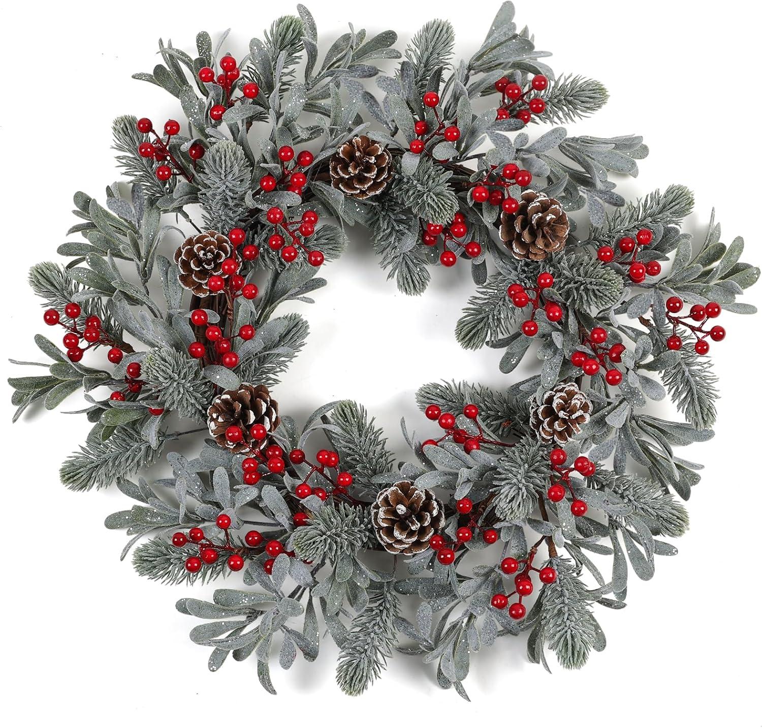 20 Inches Christmas Wreath,Artificial Christmas Wreaths For Front Door Christmas Grapevine Wreath With Pine Needles Pine Cones And Red Berries For Home Decor Christmas Winter Decorations