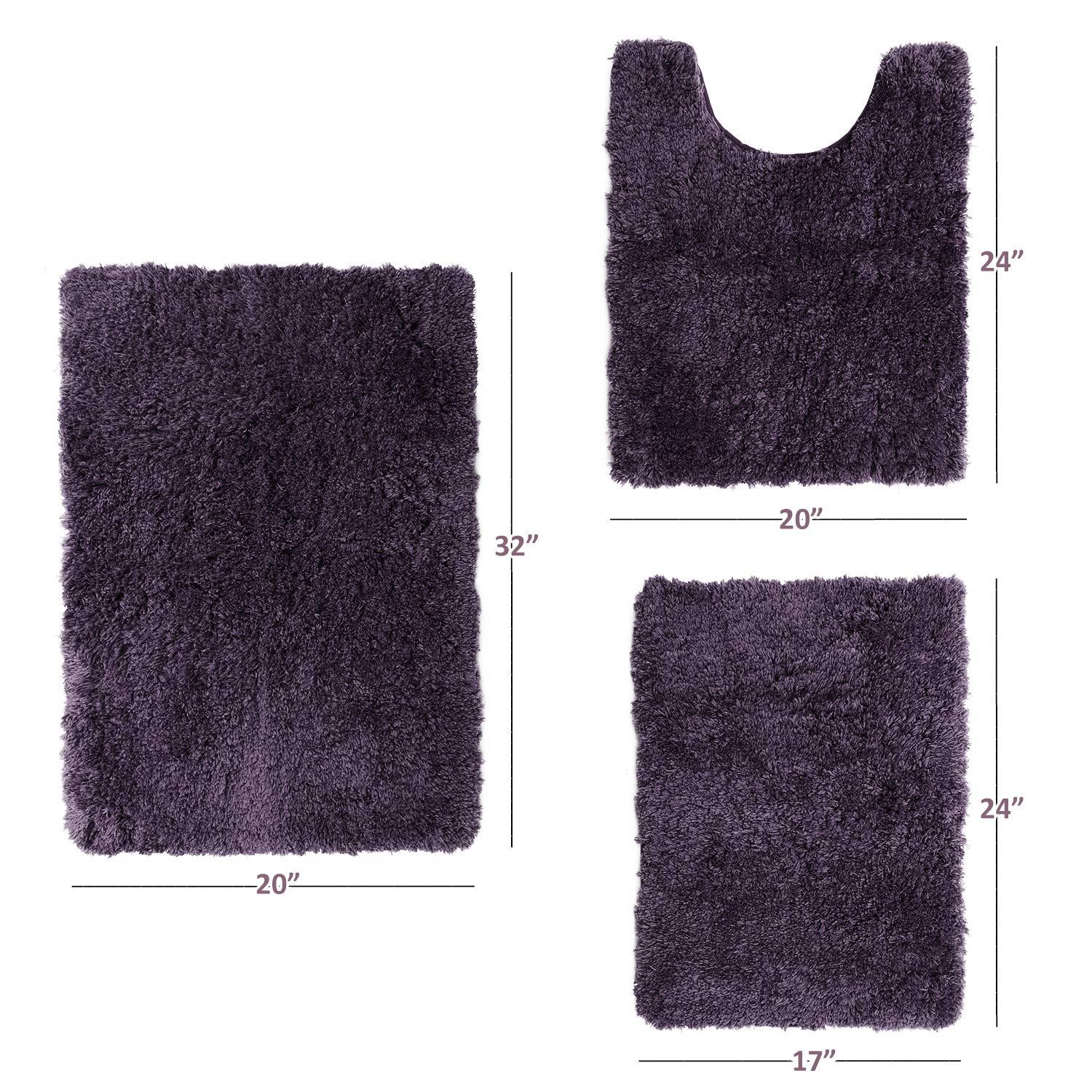Clara Clark Set of 3 Absorbent Bath Mat Non-Slip Backing Rubber Bathroom Rugs, 17x24, 20x32, 32x48 Eggplant
