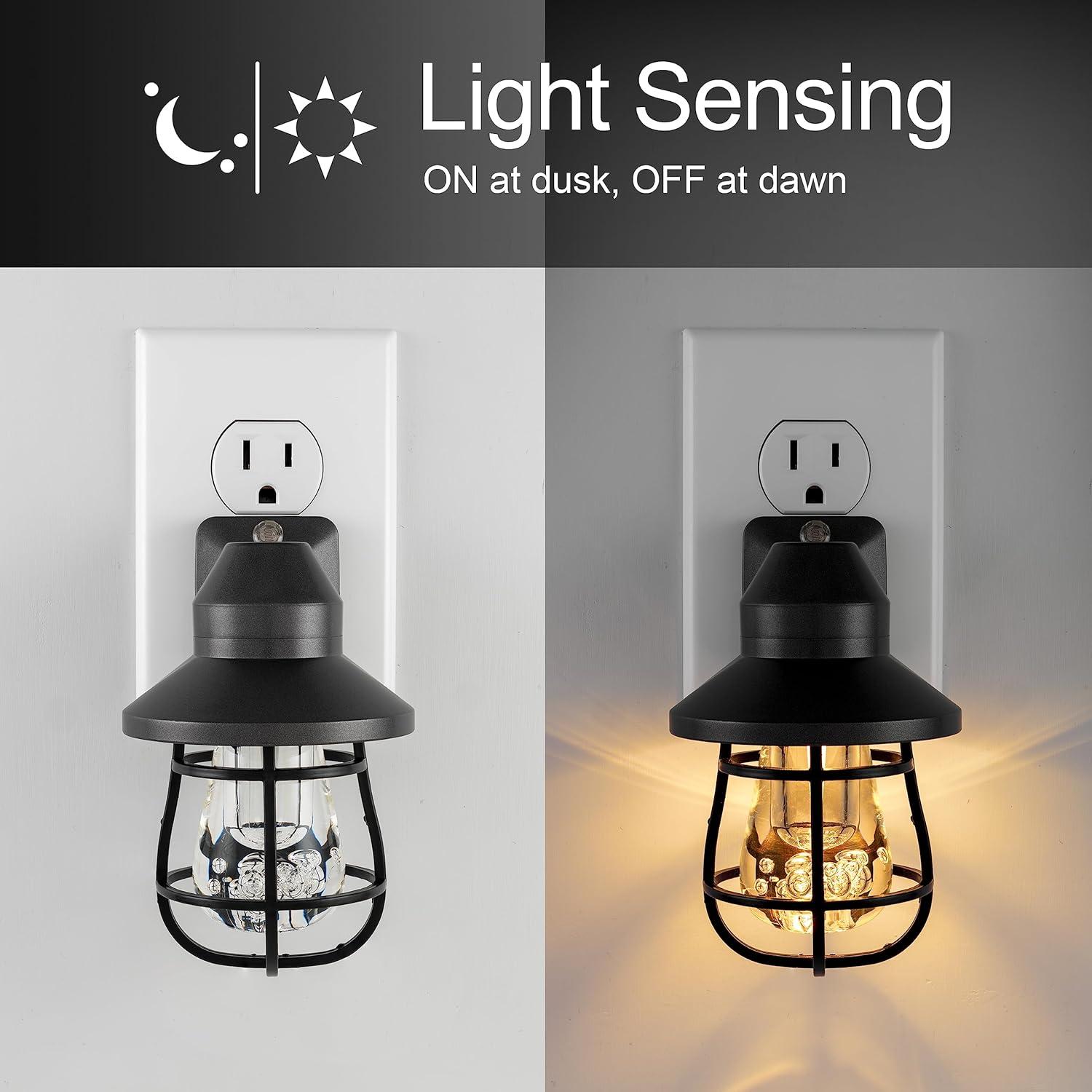 Black Vintage LED Night Light with Dusk to Dawn Sensor, 2 Pack