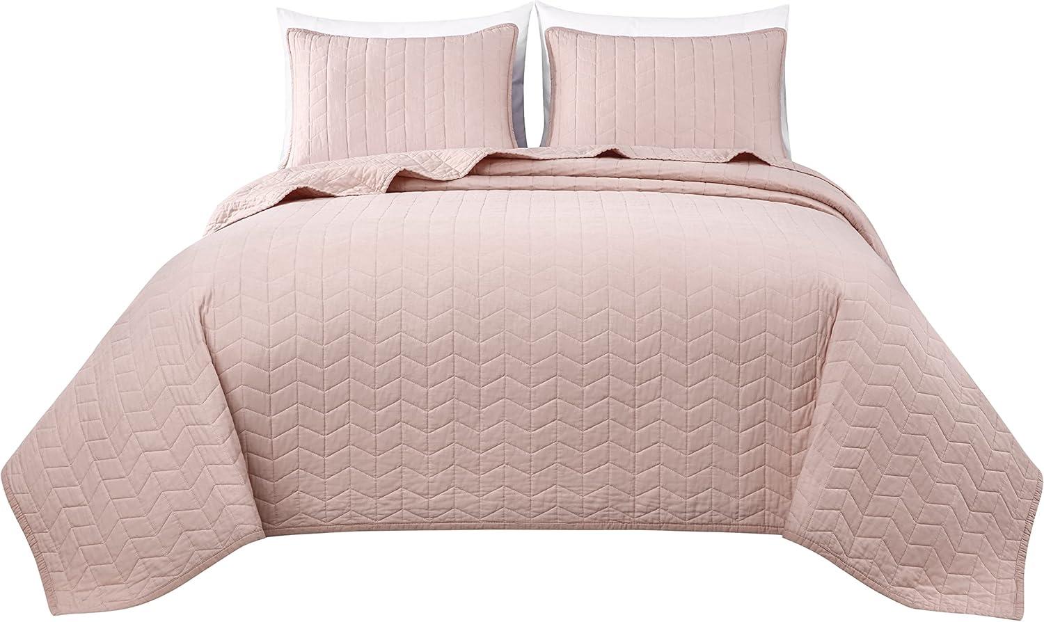 Chezmoi Collection Madrid Herringbone Geometric Solid Cotton Lightweight Quilt, 3-Piece Quilt Set, King, Blush