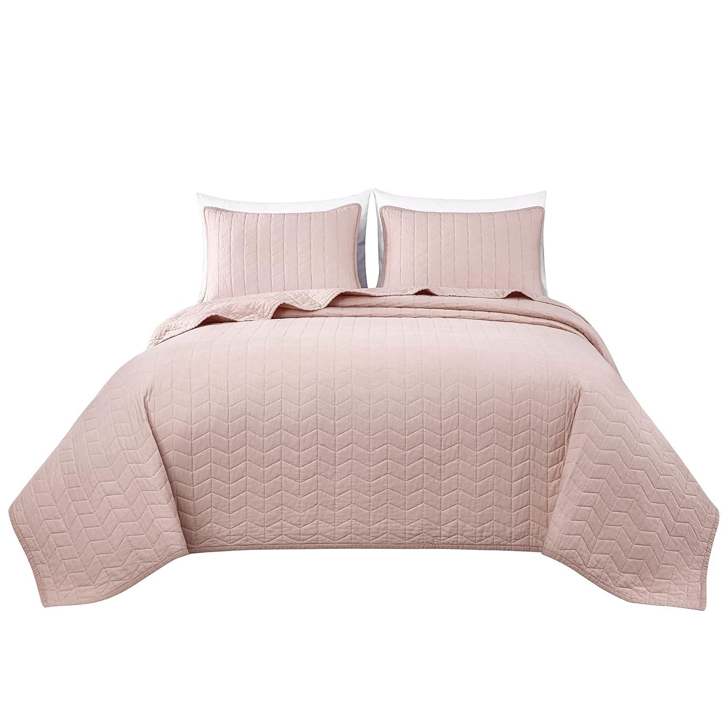 Chezmoi Collection Madrid Herringbone Geometric Solid Cotton Lightweight Quilt, 3-Piece Quilt Set, King, Blush