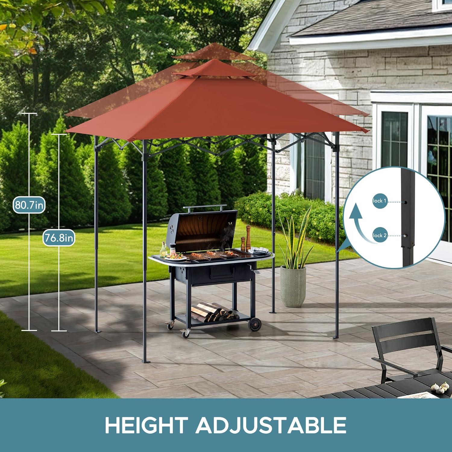 Sunjoy SUNJOY 8' x 5'  Pop up Grill Gazebo Double Tiered Outdoor Gazebo Standing-Height Canopy with Magnetic LED Light, Adjustable Ceiling Height, for BBQ,Picnics, Outdoor Events