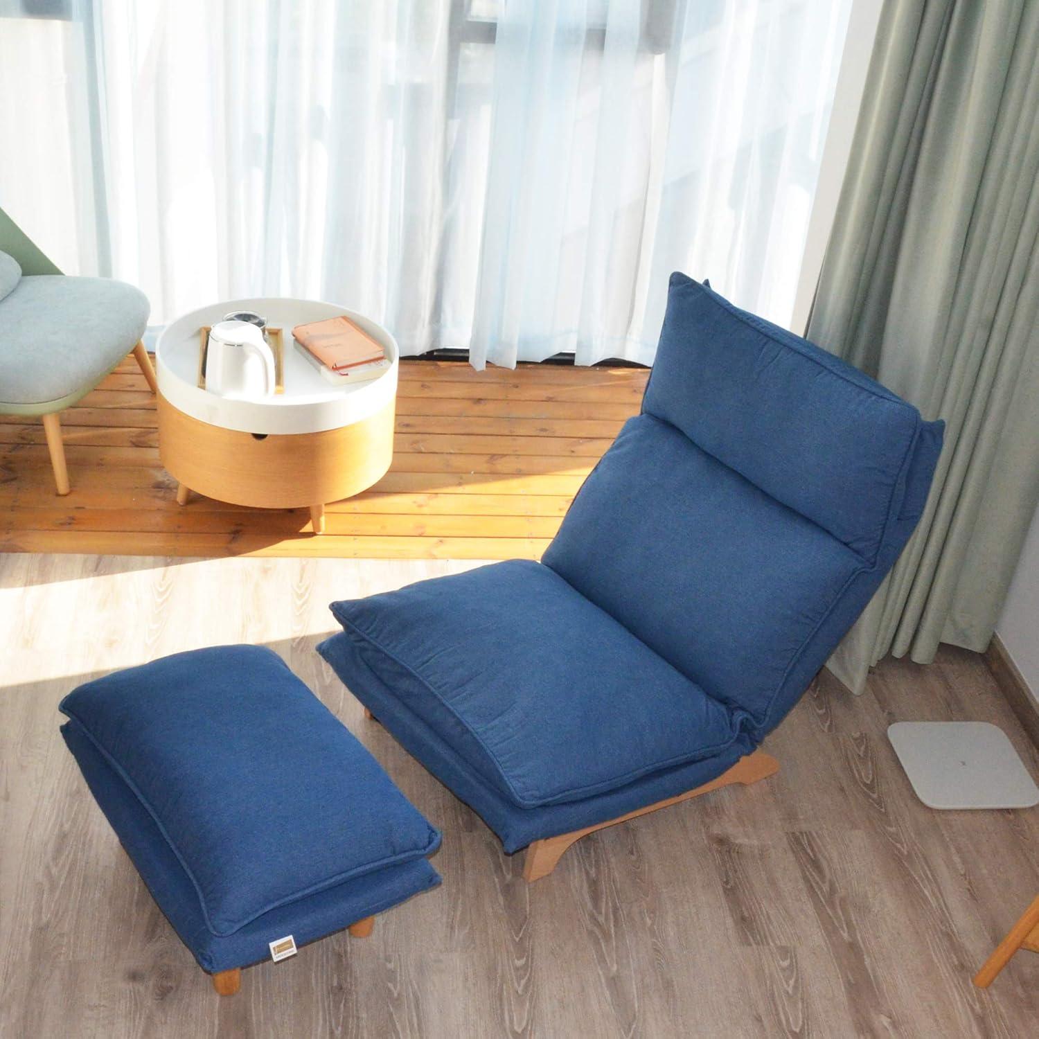 Lazy Chair with Ottoman, Modern Accent Lounge Chair Single Leisure Upholstered Sofa with Adjustable Back, Reading Chair for Living Room, Bedroom, Dark Blue