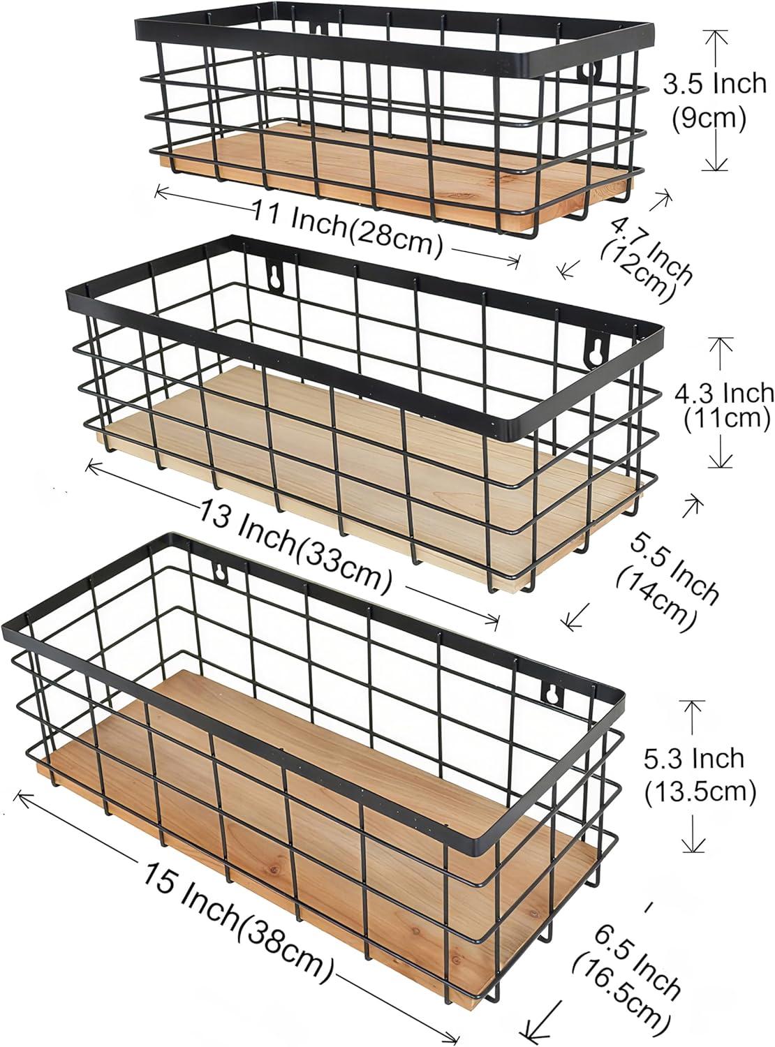 Metal Wire Basket Detachable Wood Base Storage Organizer Farmhouse Small Bins for Kitchen Cabinets, Bathroom, Pantry, Laundry Room, Closets Set of 2,Black Color