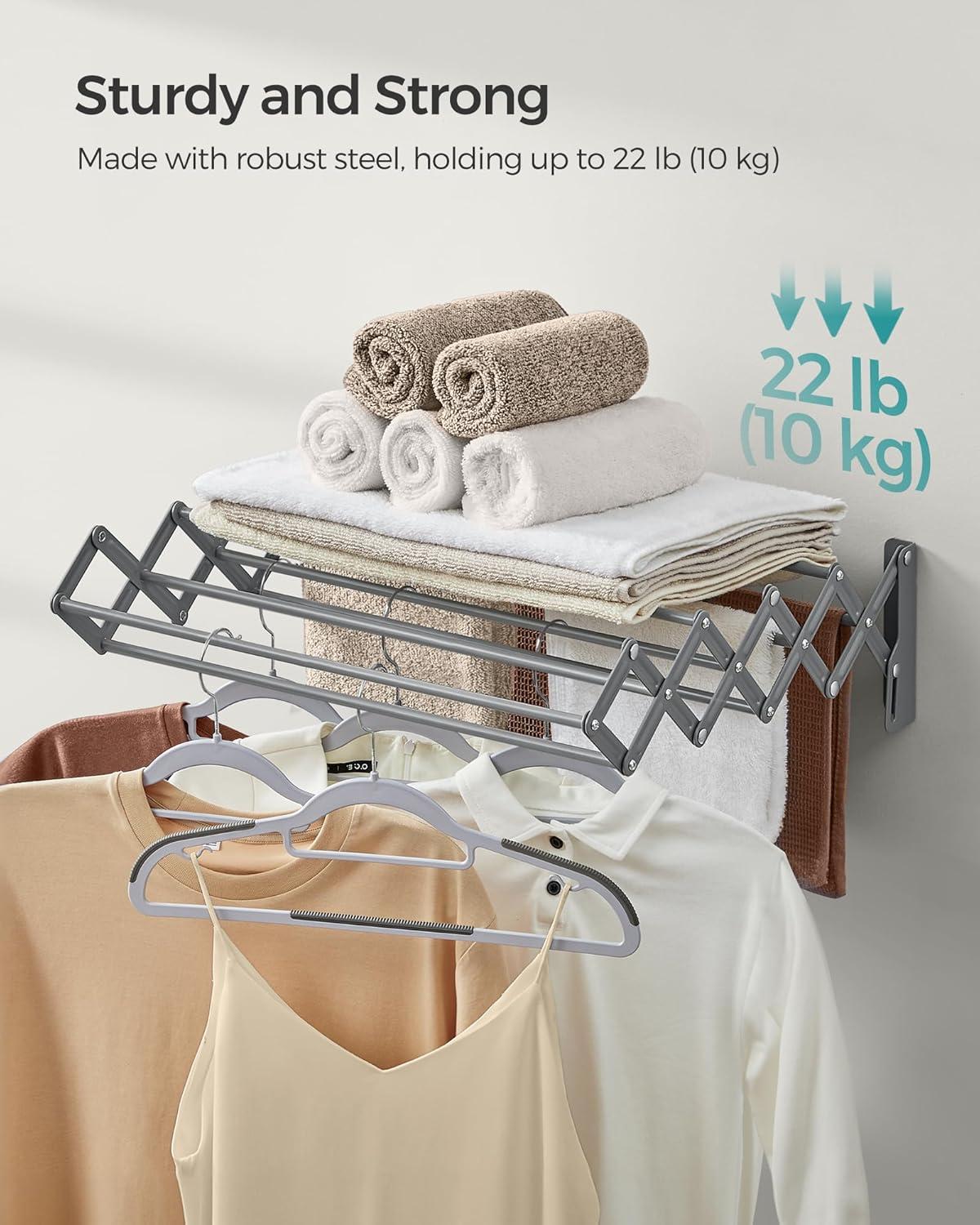 SONGMICS Clothes Drying Rack, Wall-Mounted Drying Rack Clothing, Small Accordion Laundry Rack, 9 Staggered Hanging Rods, Expandable and Retractable, Cloud White ULLR802W01