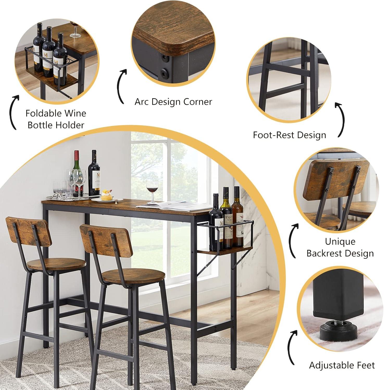 paproos Bar Table Set for 2, Pub Bistro Table and Upholstered Stools with Backrest, Counter Height Dining Table and Chairs Set with Collapsible Bottle Holder for Kitchen Breakfast Nook Balcony