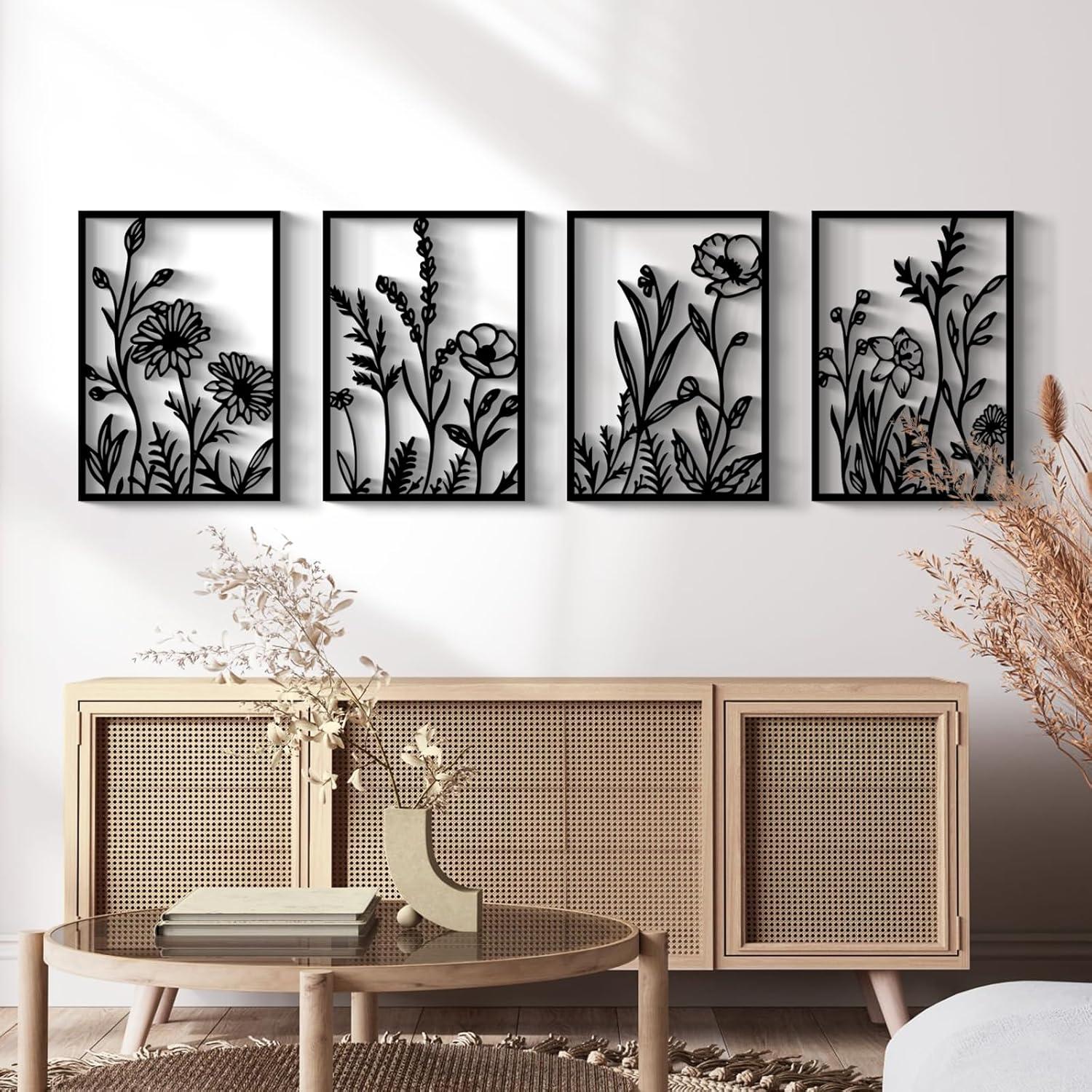 Winston Porter 4 Pcs Black Abstract Flowers Metal Wall Art, 17 X 12'' Minimalist Floral Single Line Wall Décor, 3D Textured Sculptures, Rustic Nature Wall Art Décor For Living Room, Bedroom, Study (Set of 4)