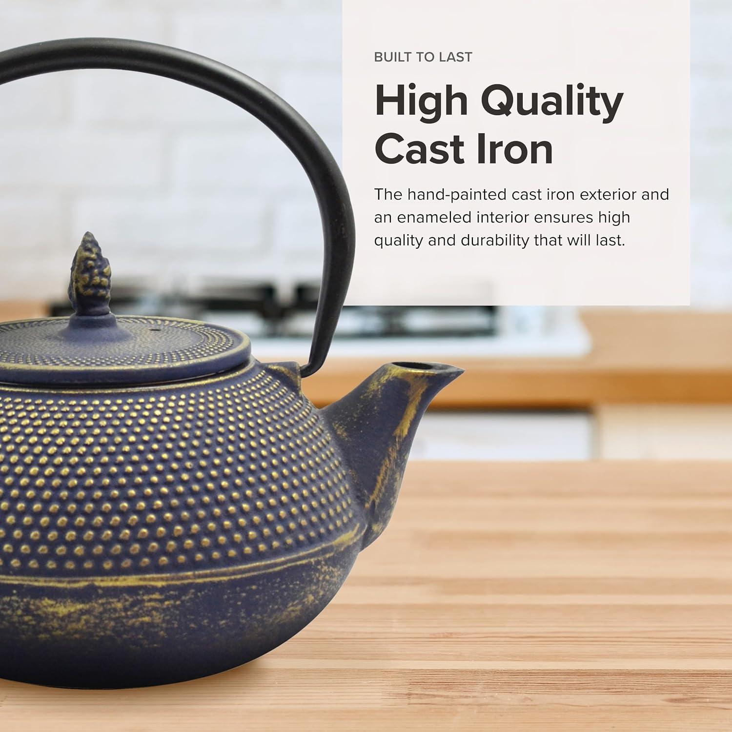 Blue and Gold Cast Iron Japanese Teapot with Infuser