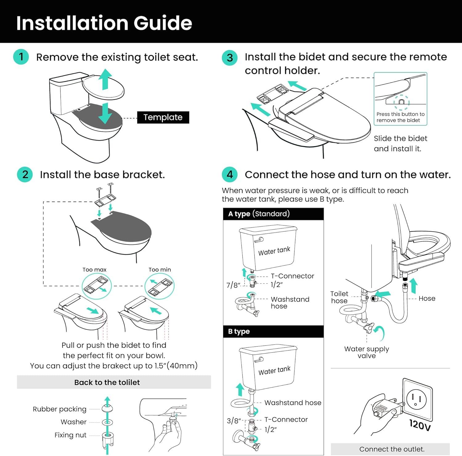 VOVO STYLEMENT VB 6000SE Electronic Smart Bidet Toilet Seat Heated Seat Warm Dry and Water LED Nightlight One piece Toilet Bidet Seat Elongated White